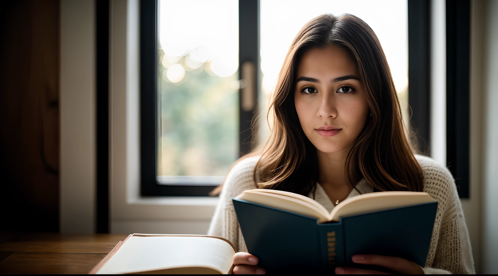 instagram photo, closeup face photo, A reflective portrait of a woman with an open book, her thoughts intertwining with the literary characters, Canon EOS R6 with 85mm f/1.4 lens, warm studio lighting, introspective literature photography.