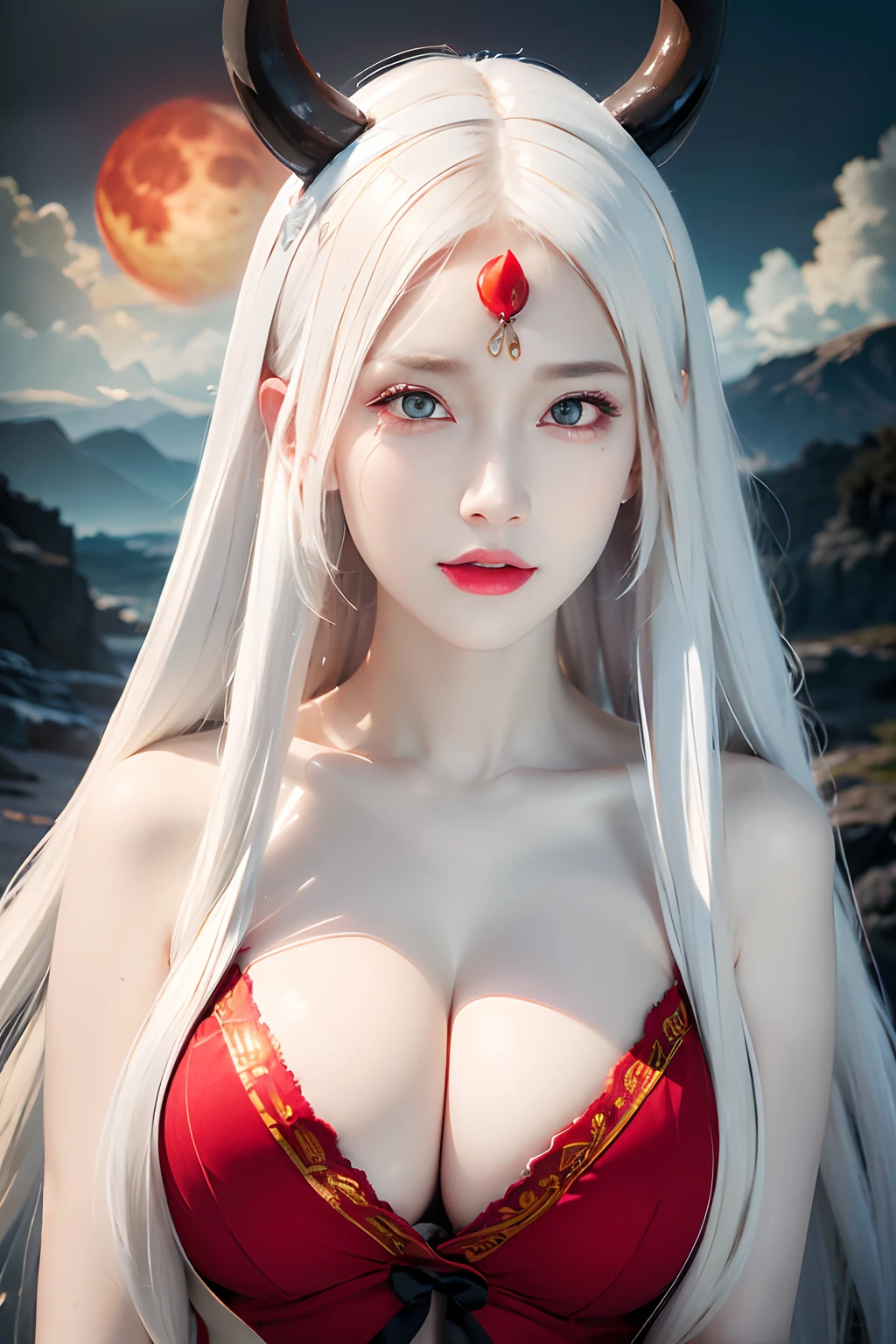 face lighting,bright backlight,super high resolution,best quality,Photos,4k,(Realistic:1.2),huiye,1girl,(the third eye:1.3),horns,(pale skin:1.4),(white hair:1.2),long hair,night,(red moon:1.2),sit,big breast,sexy bra,