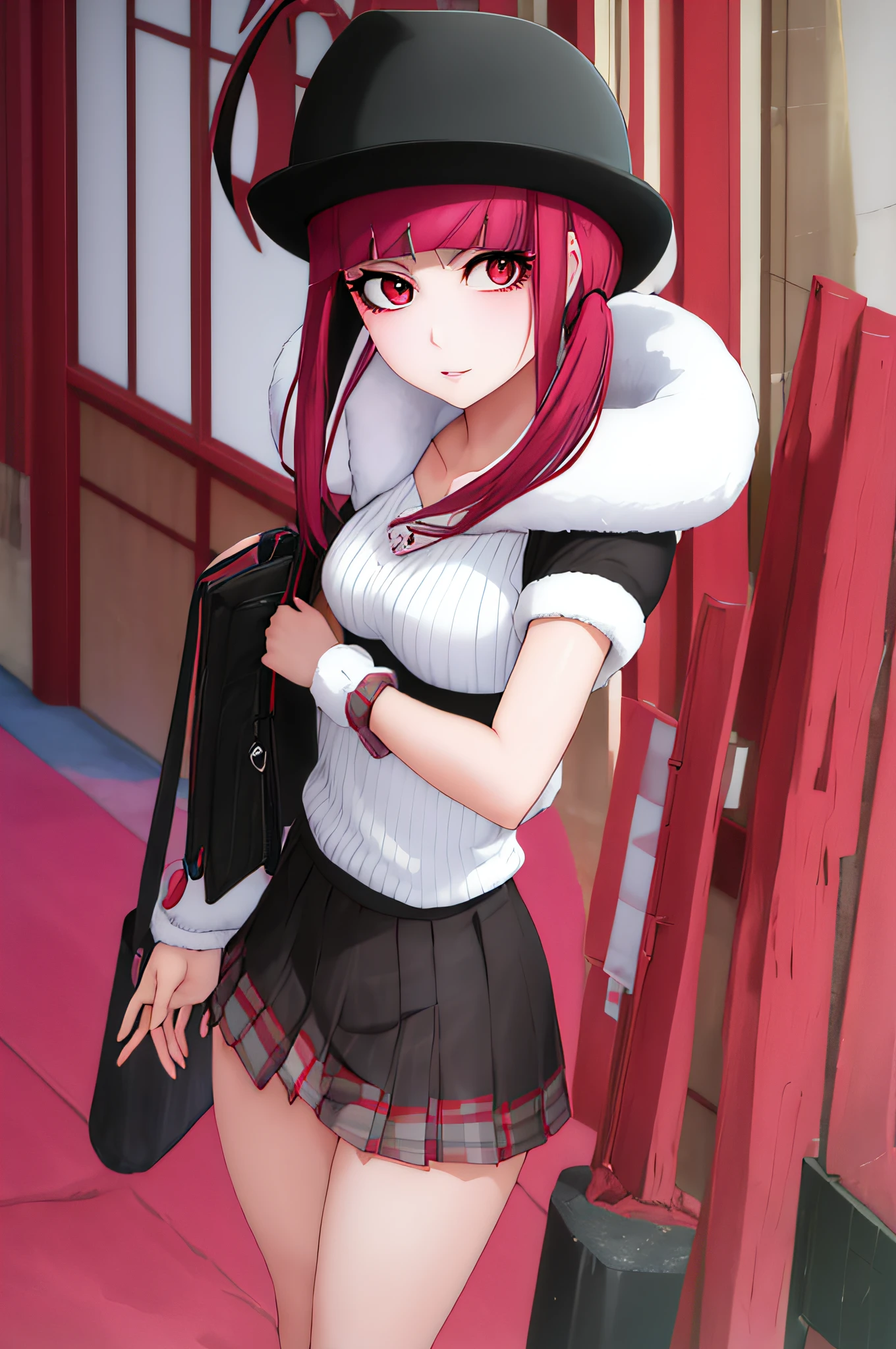 "Riruka, with vibrant eyes and a trendy look, gracefully wandering along a charming city street, showcasing a moderate bust and soft rosy cheeks, while sporting a demure expression and stylish twin tails."