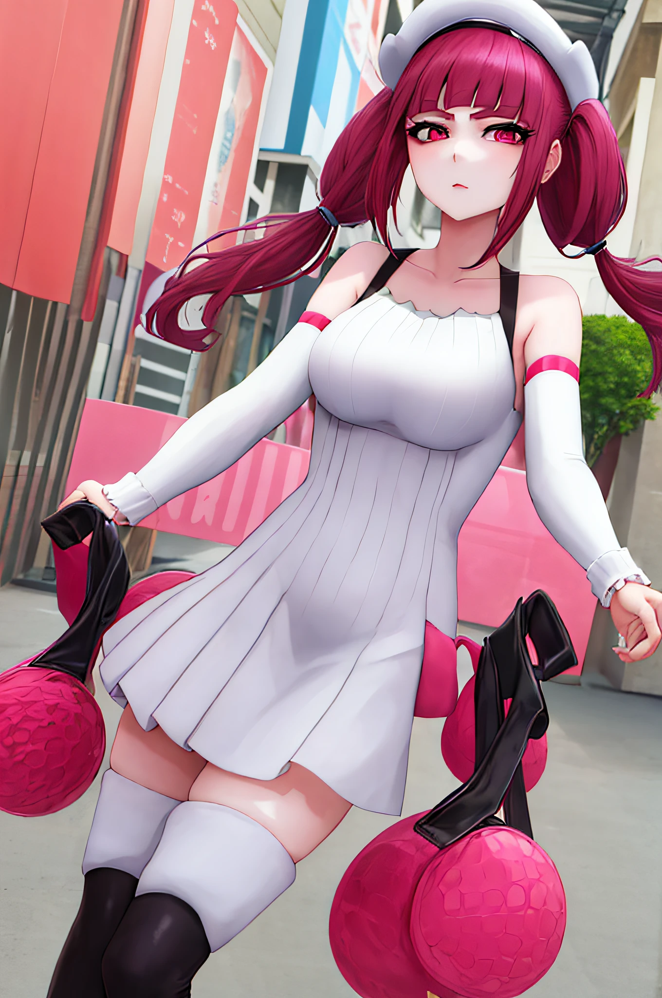 "Riruka, with vibrant eyes and a trendy look, gracefully wandering along a charming city street, showcasing a moderate bust and soft rosy cheeks, while sporting a demure expression and stylish twin tails."