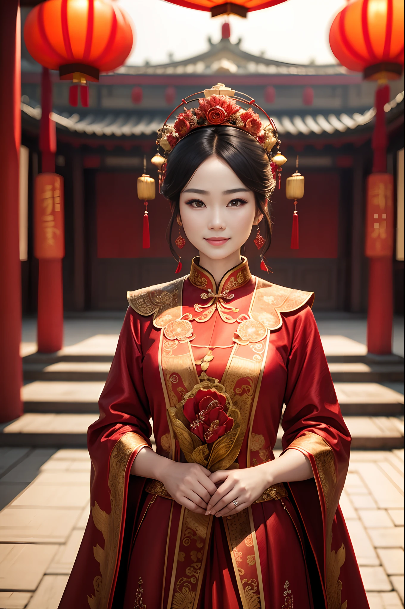 （Best quality: 1.1), (Realistic: 1.1), (Wedding: 1.1), (highly details: 1.1), 1 Daughter is married，Stand in front of a Chinese-style building, closeup of face，Clear facial features，Happy smile, The woman wears a red-gold ancient long dress，with a crown on her head, cowboy lens，Chinese courtyard in the background，Red lanterns，Super clear，8K
