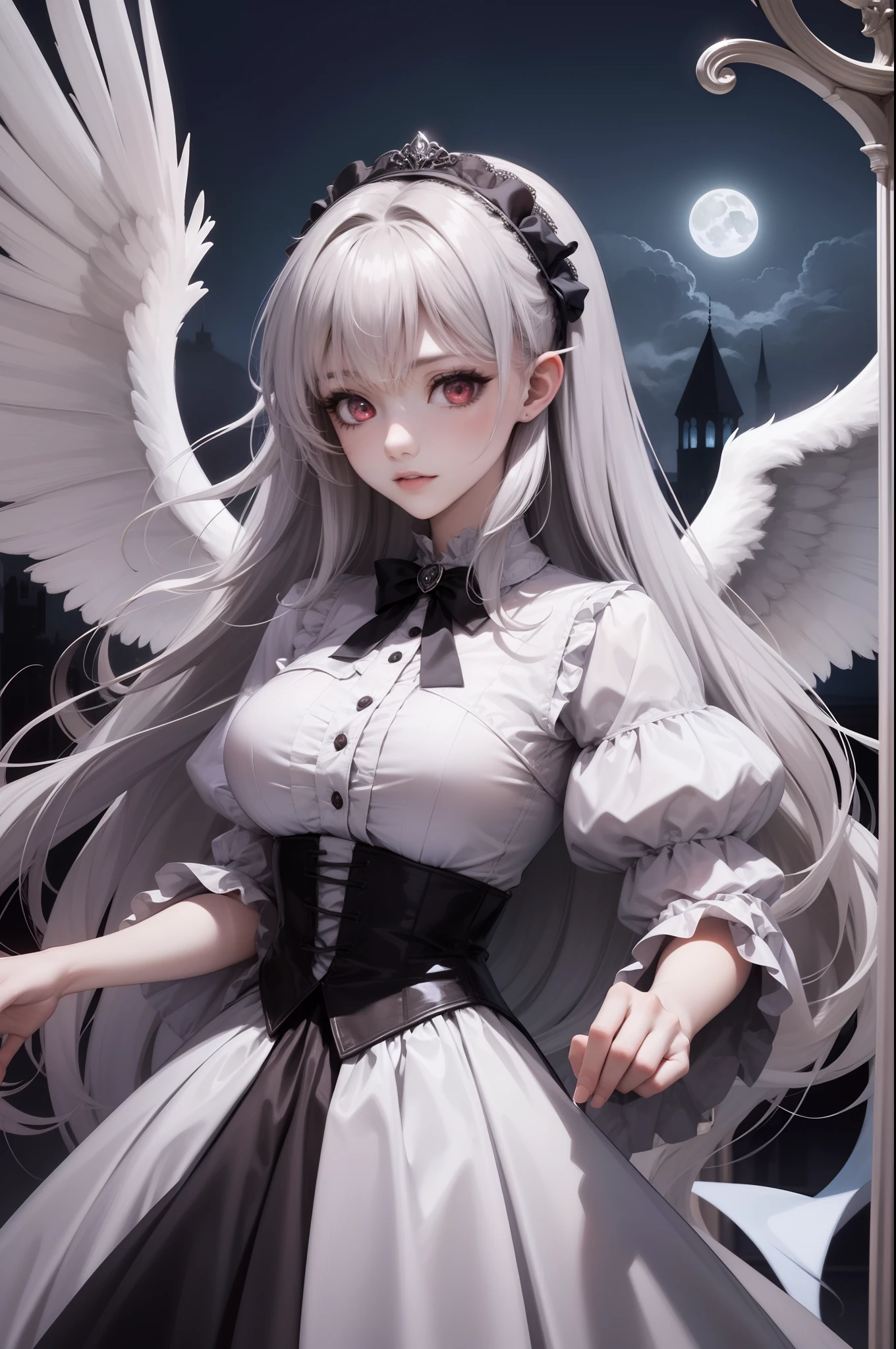 cute face,1girl,red eyes,beautiful detailed eyes,very long hair,full body,wings,silver hair,loli,large breast,gothic lolita,moonlight,castle