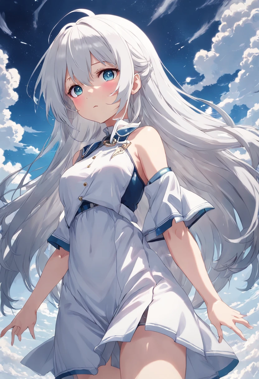 Woman with long white hair and blue eyes standing in the sky, Anime visuals of cute girls, Girl with white hair, perfect gray hair girl, white haired god, white hair, Kantai Collection Style, anime clouds, young anime girl, anime moe art style, Anime Best Girl, (Anime Girl), an anime girl, white-haired girl,flowing white hair,Smaller chest,
