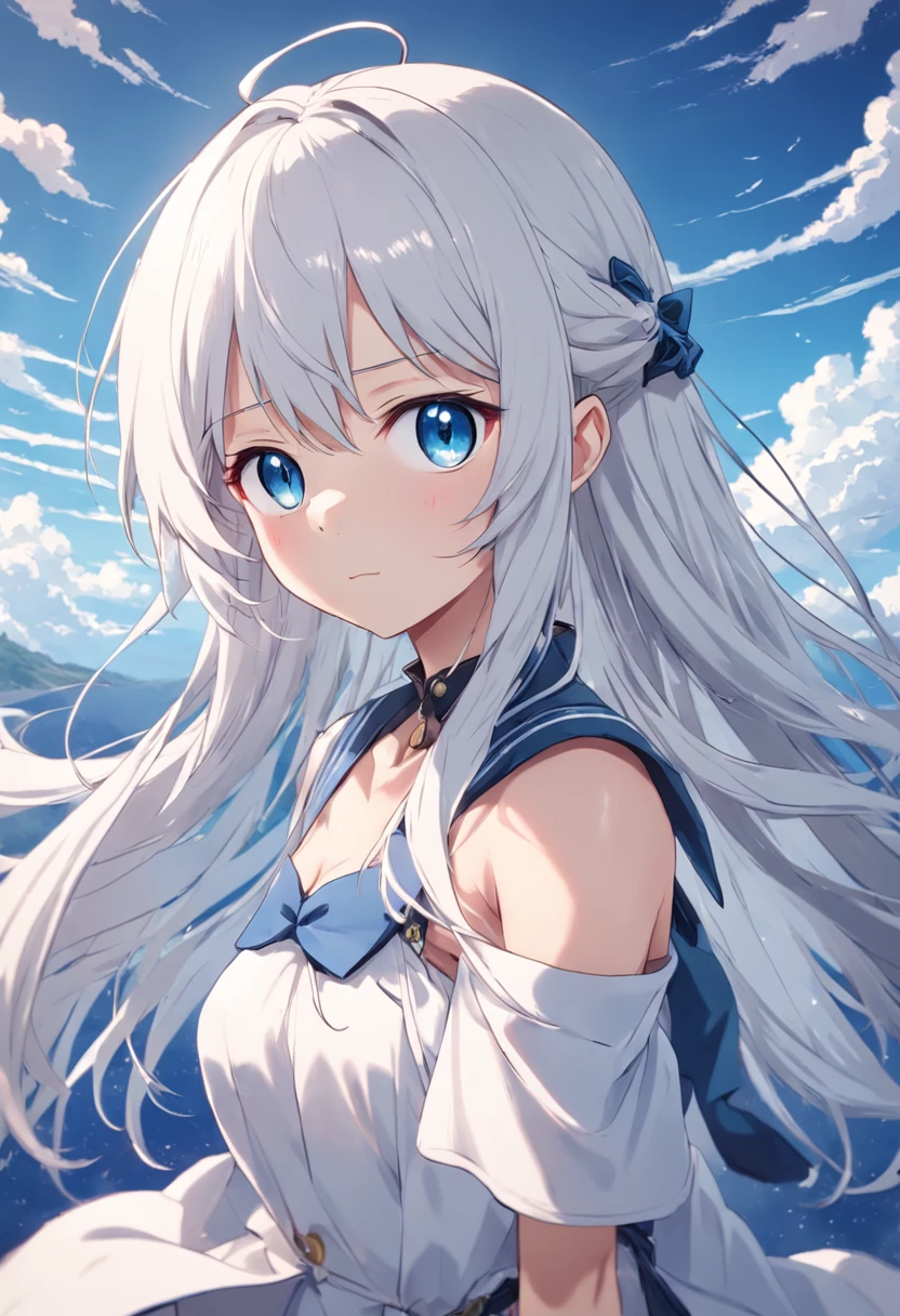 Woman with long white hair and blue eyes standing in the sky, Anime visuals of cute girls, Girl with white hair, perfect gray hair girl, white haired god, white  hair, Kantai Collection Style, anime clouds, young anime girl, anime moe art style, Anime Best Girl, (Anime Girl), an anime girl, white-haired girl，flowing white hair，Smaller chest，