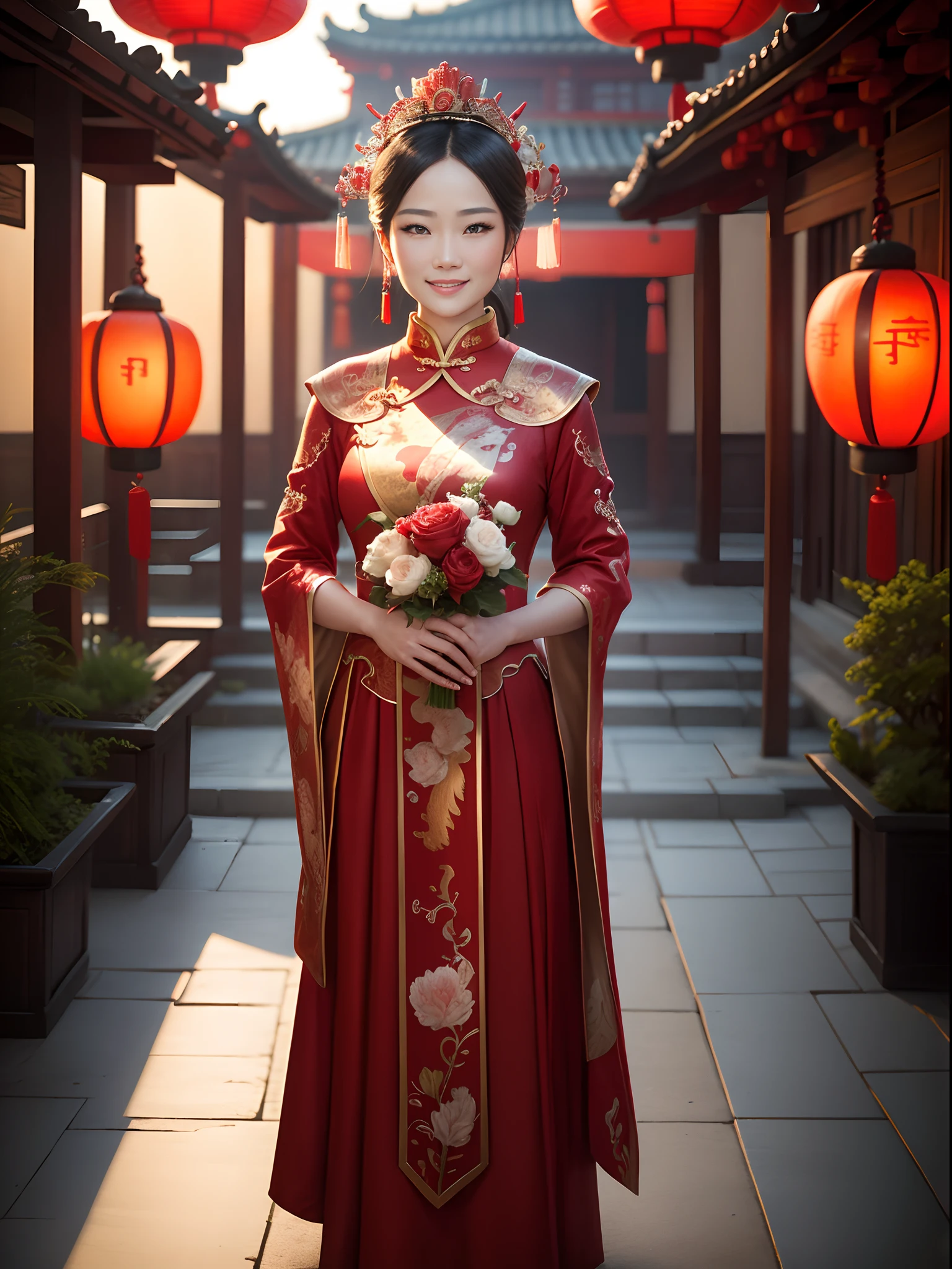 (Best quality: 1.1), (Realistic: 1.1), (Wedding: 1.1), (highly details: 1.1), 1 Daughter married,Stand in front of a Chinese-style building, closeup of face,Clear facial features,Happy smile, The woman wears a red-gold ancient long dress,with a crown on her head, cowboy lens,Chinese courtyard in the background,Red lanterns,Super clear,8K