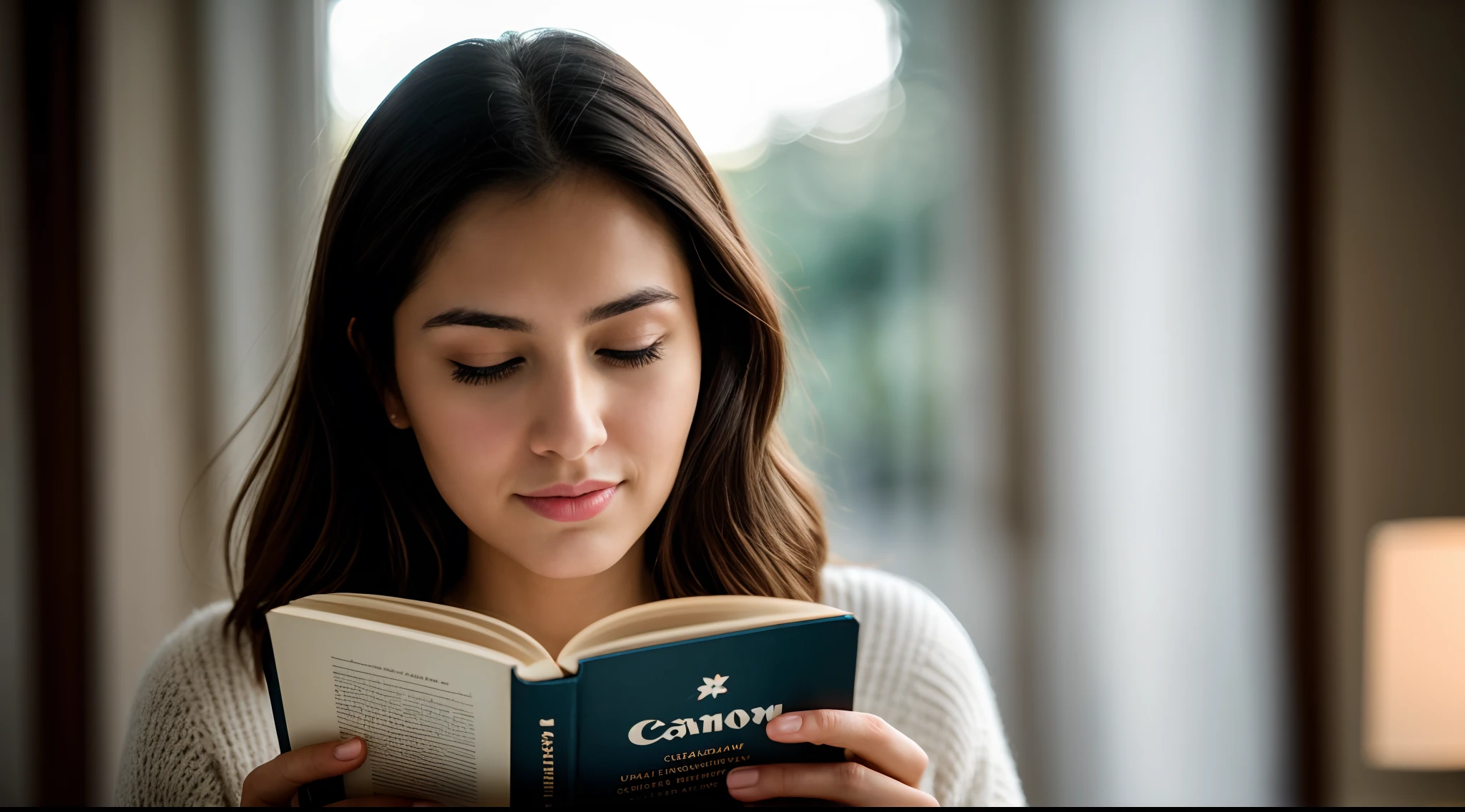 instagram photo, closeup face photo, A reflective portrait of a woman with an open book, her thoughts intertwining with the literary characters, Canon EOS R6 with 85mm f/1.4 lens, warm studio lighting, introspective literature photography.