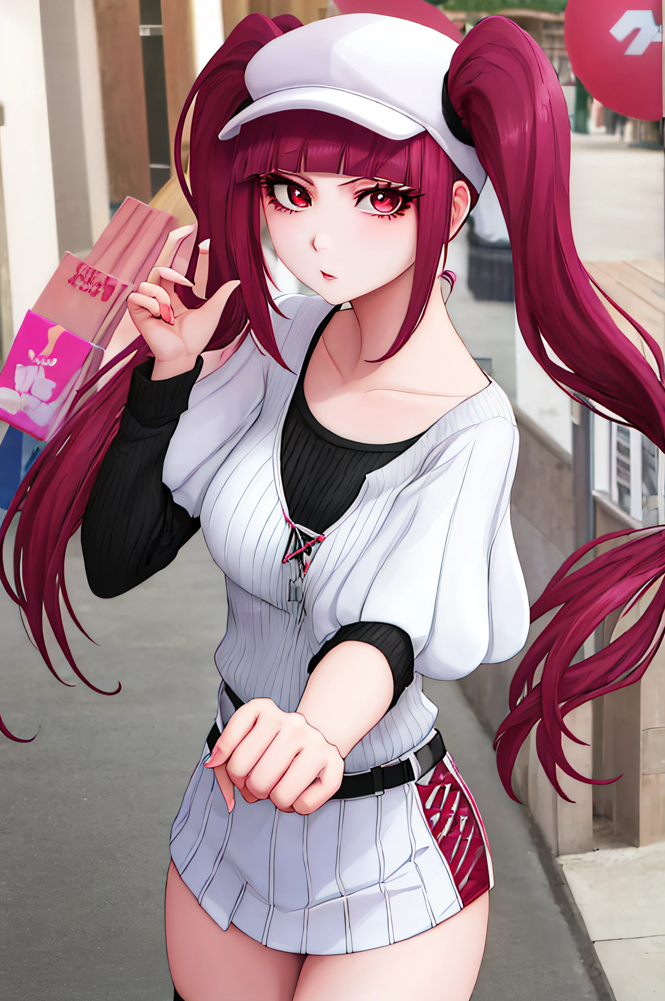 "Riruka in her 20s, with vibrant eyes and a trendy look, gracefully wandering along a charming city street, showcasing a moderate bust and soft rosy cheeks, while sporting a demure expression and stylish twin tails."