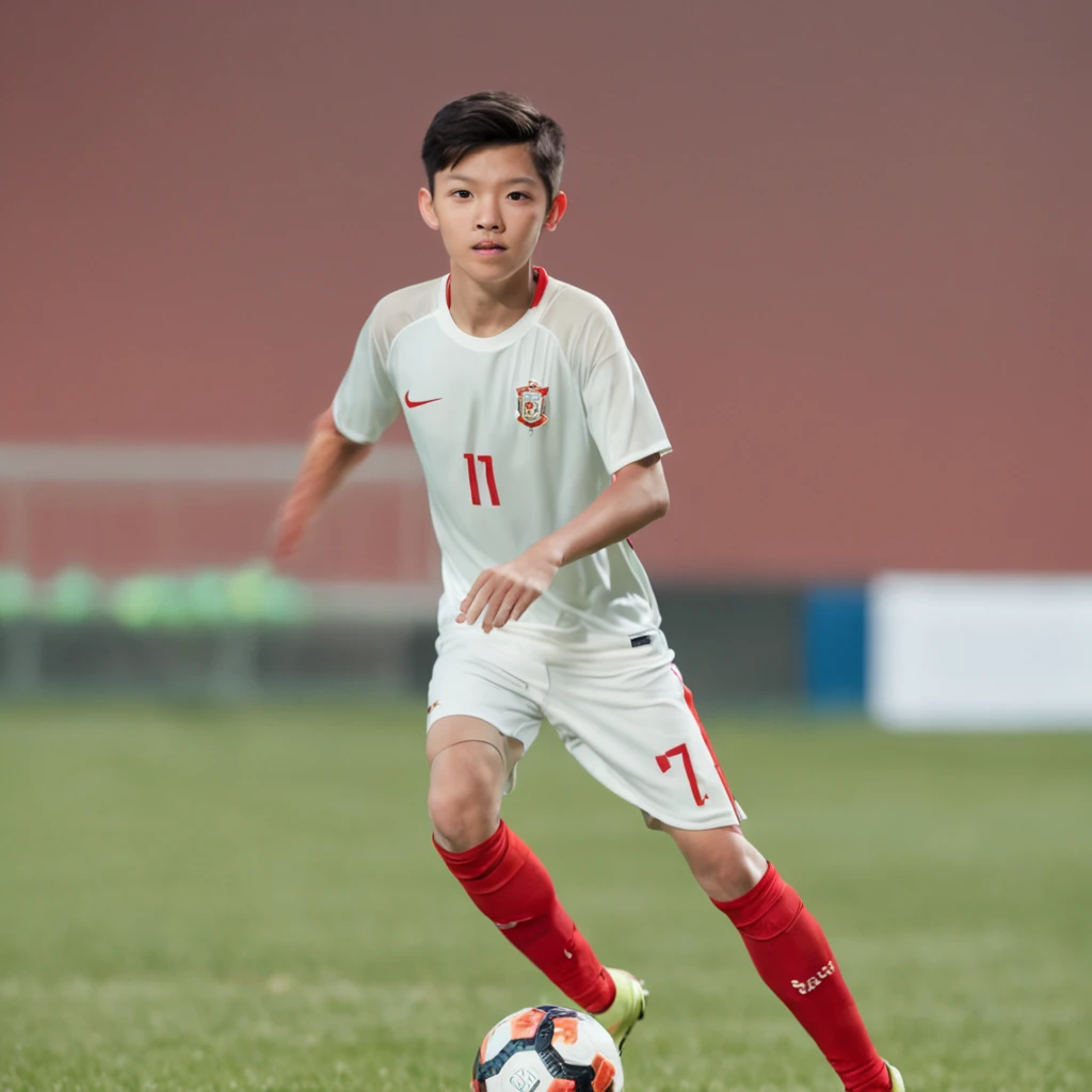 A height of 1.75m 12-year-old Chinese teenager,Wearing the number 7 shirt of the Portuguese national football team，Boy student，Robust and compact，Use snapshots to capture moments when teenagers play soccer，The background blends in with the player in the distance，Old Trafford Football Stadium，Sports full-body photos，Sports full-body photos，Football league,Cinematic texture，Positive main light，Fill light，(professional 3d render:1.3) af (Realistic:1.3) most beautiful artwork photo in the world, full body 8k unity render, action  shot, skin pore, Detailed, (vibrant, photograph realistic, Realistic, Dramatic, Dark, Sharp focus, 8K), , ((((The number 7 shirt of the Portuguese national football team)))), ,(Highly detailed:1.4), Digital painting, rendering by octane, art  stations, concept-art, smooth, Sharp focus, illustration, wlop ilya kuvshinov, and greg rutkowski and alphonse mucha gracias, (Global illumination, Studio light, volumettic light),