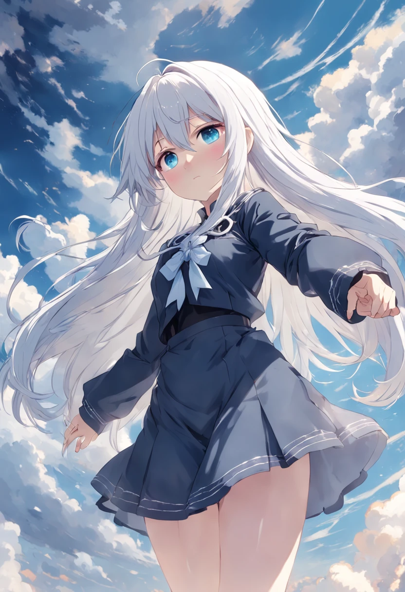 Little girl with long white hair and blue eyes standing in the sky，Anime visuals of cute girls, Girl with white hair, perfect gray hair girl, white haired god, white  hair, Kantai Collection Style, anime clouds, young anime girl, anime moe art style, Anime Best Girl, (Anime Girl), an anime girl, white-haired girl，flowing white hair，Smaller chest，Sleeveless、Onepiece，small tits, (8K, Raw photography, top-quality, ​masterpiece:1.2), (realisitic, Photorealsitic:1.37), ultra-detailliert, 1 rapariga, 独奏, cute little, Beautiful detailed sky,