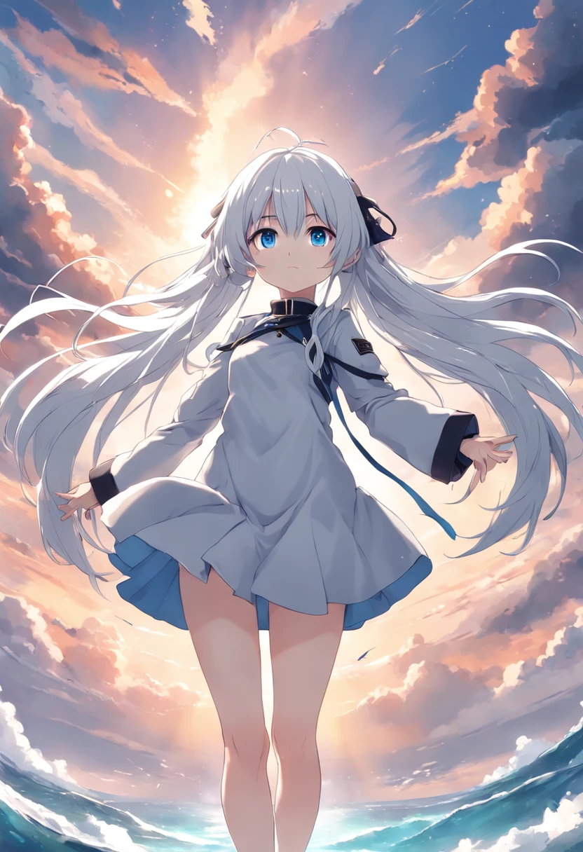 a girl in a high school uniform, beach，look up，long white hair，full body, dark