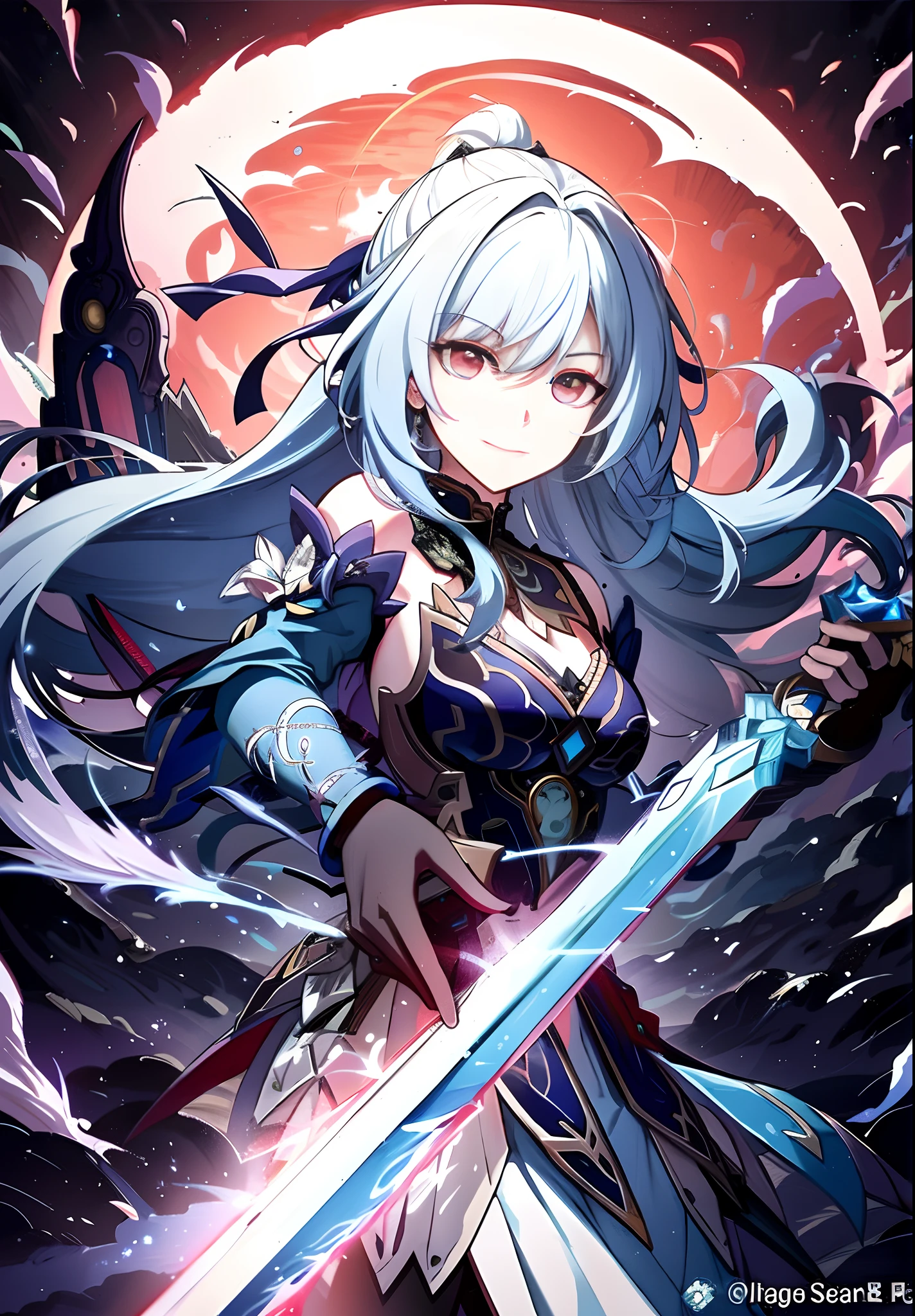 A woman with long white hair holds a sword before the full moon, Ayaka Genshin impact, Detailed key anime art, she is holding a sword, Keqing from Genshin Impact, Portrait Chevaliers du Zodiaque Fille, light novel cover art, ayaka game genshin impact, Epic light novel cover art, Detailed anime artwork, Anime fantasy illustration