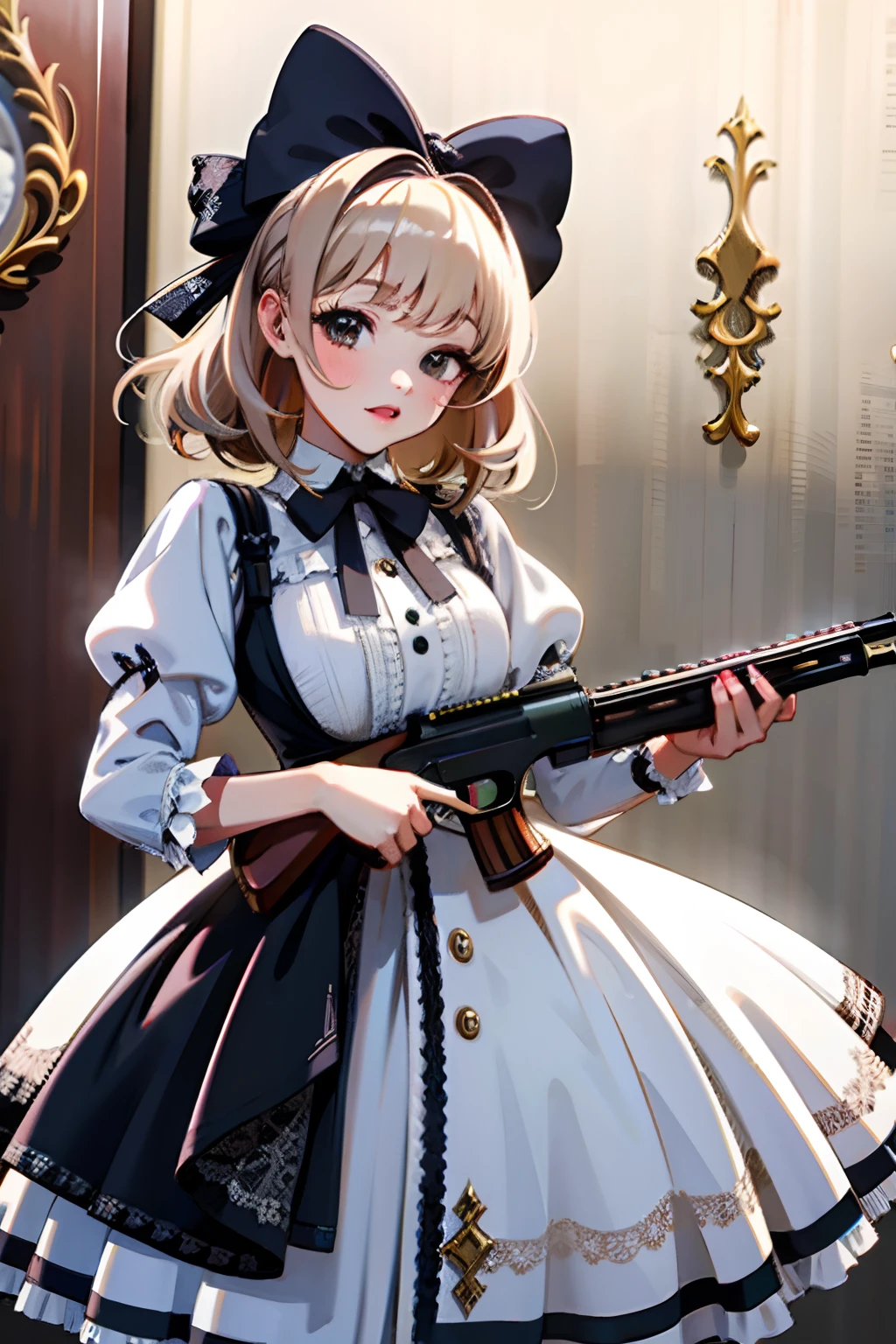 (Masterpiece:1.2), Best quality, A high resolution, Original, (Extremely detailed:1.2), Ultra-detailed, the wallpaper, Perfect lighting,(Extremely detailed CG:1.2), 8K, illustration, 1girll, (****ta Fashion:1.2), {shiny|detailed}clothes, ((Delicate shotgun)), holding gun, Aim for, (aiming at viewer:1.2), close-up, game cg