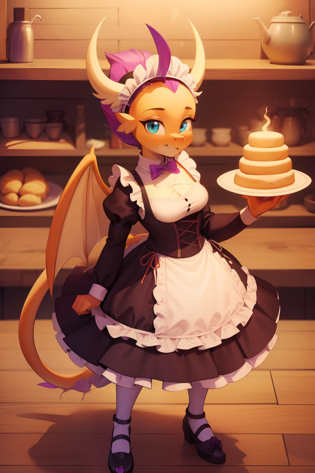 Dragon Girl, purple hair, (Beige dragon horns), Cyan eyes, scale, paws with claws, Orange spread wings, orange ponytail with purple hair at the tip, anthro, Average Breasts, dragon head, Hairstyle high, Black puffy maid dress, Medieval cuisine, Furnace, wooden table, bakes bread, Buns and loaves, Flour stains, in full height, Detailed maid dress, maidservant, maid's bonnet, legsupms, Shoes, Holds a tray of biscuits