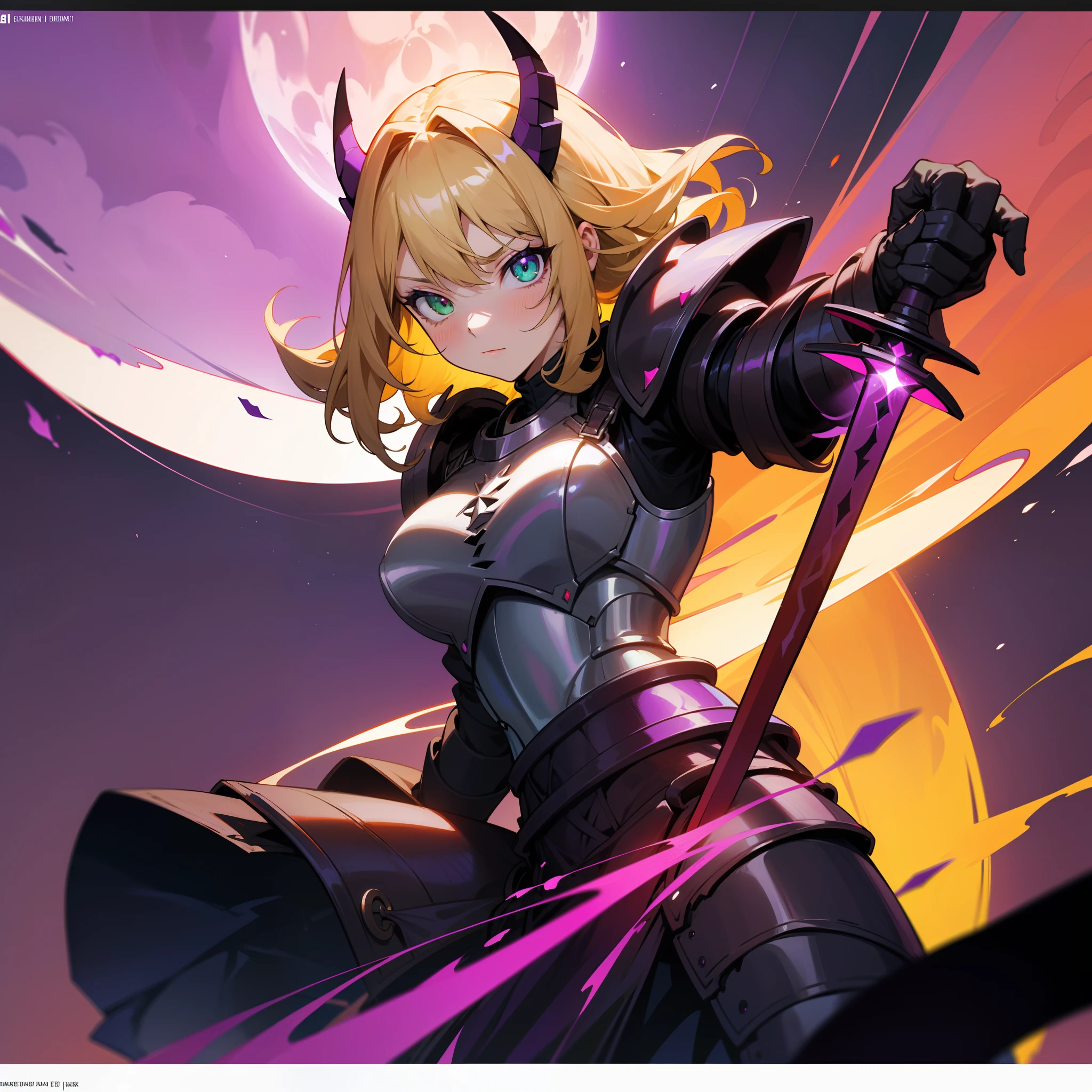 Blonde hair，teens girl，The hair is a little curly，Purple-black armor with red，Purple-black helmet，Queen element，Green eyes，Holding a fuchsia sword，Black flames emanated from the sword，Dark Department，The background is a dark night with a moon，Moonshine effect enhanced，4K，Tyndall effect，Poster style