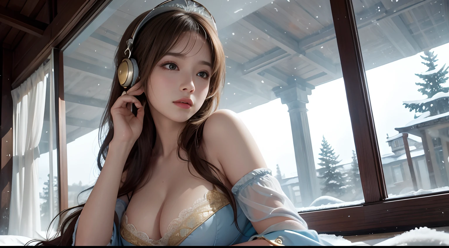 8K, best qualtiy, masterpiece, photograph realistic, Hide your face with happiness, big breasts, sexy, blue Lolita costume, listening to music with head phones, golden Lace, Aerith Gainsborough, whole body, undergarments, exposed bare shoulders, do lado de fora, outside, Covered with snow, cloaks, high high quality, Adobe Lightroom, highdetailskin, looking at viewert, rainning background, rain window