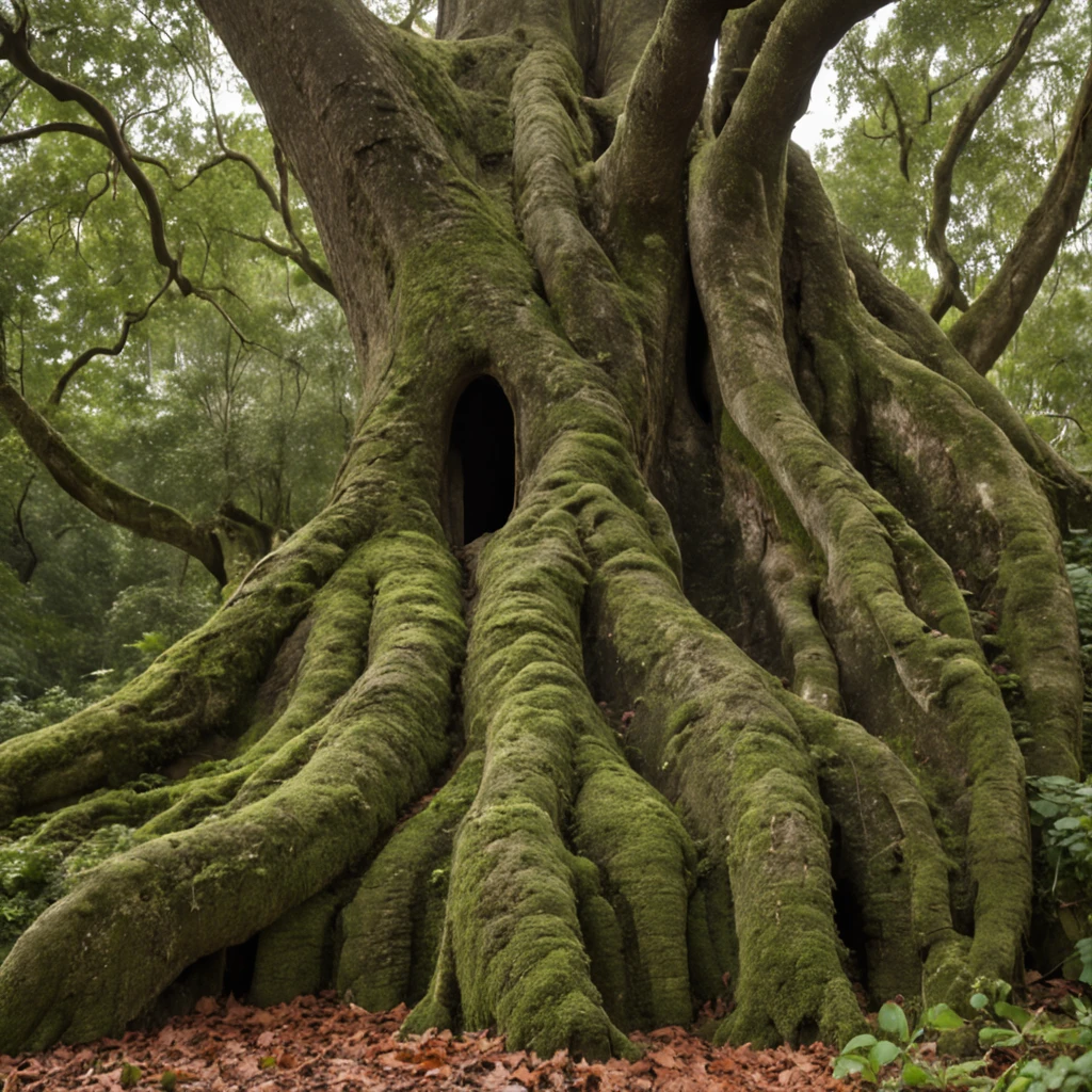 scary giant tree: twisted and ancient; roots: roots rise and fall from the ground in serpentine loops; roots: roots are around the trunk and covering the trunk with moss; texture: rough and deeply furrowed; appearance: illusion of hidden faces and figures; branches: Vines slither and weave around the tree's branches; color: dark green hue; Atmosphere: drenched in shadows with moonlight, captivating and eerie; perspective: lower angle; emotion: eerie, fascinating; resolution: hyper-realictic, high resolution, cinematic feeling, detailed.