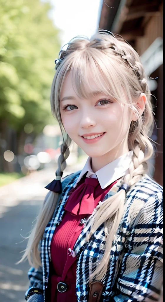 (ultra-detailliert), Tartan check jacket,high-school uniform、Blue eyes,The upper part of the body、a closeup、faces、(A smile:1.5),(facing front:1.2), 20yr old, s girl,no tail,(no tail),2D, masterpiece, top-quality, animesque, A detailed eye, A detailed face, girl with, Only 1 person,Silver medium hair, (Silvery head hair), Ear Hair, small tits, Single braid, (Single braid), (Side braid), Pink ribbon, Ribbon around the neck, Background bokeh