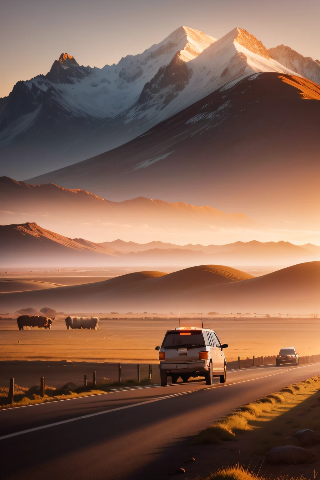 Car driving, distant landscape, mountain, desert, sunrise, cow and sheep meadow