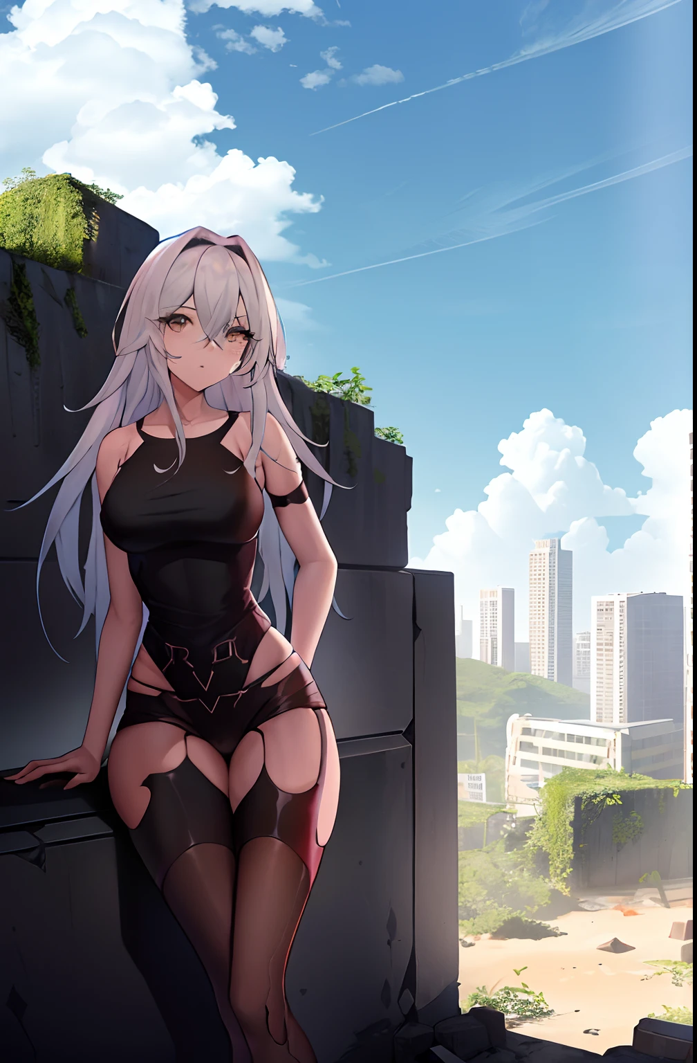 yorha type a no. 2,
fechar para cima, parte superior do corpo, Foco Feminino,
1girl, absurdos, android, Armlet, bareshoulders, luvas pretas, Tampo tanque preto, olhos azuis, luvas de cotovelo, Luvas, cabelo entre os olhos, Joints, cabelos longos, science fiction, sozinho, Tampo do tanque, cabelos brancos,
Robot, robot joints, mechanical parts, cidade, Cloud, escombros, grama, Altas, ao ar livre, Overgrown, post-apocalypse, escombros, ruins
