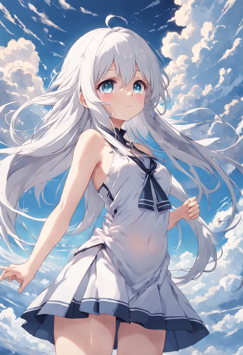 Woman with long white hair and blue eyes standing in the sky, Anime visuals of cute girls, Girl with white hair, perfect gray hair girl, white haired god, white hair, Kantai Collection Style, anime clouds, young anime girl, anime moe art style, Anime Best Girl, (Anime Girl), an anime girl, white-haired girl,flowing white hair,Smaller chest,sleeveless、onepiece,small tits,