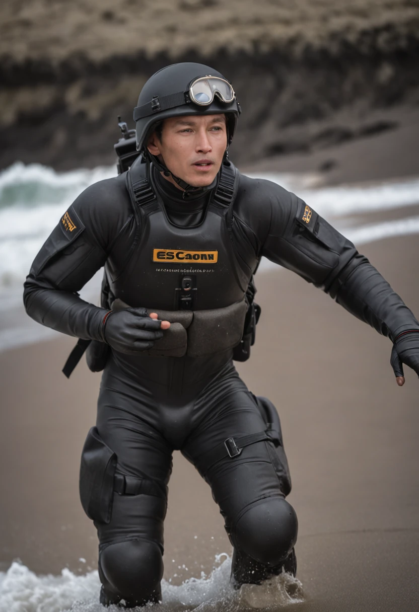 male people，Black combat uniform，surfing，Stand up surfing，Walk through the Wave Hole