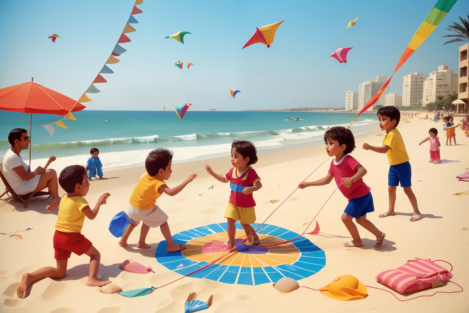 Year: 1992
Country: Israel
Description: In the vibrant streets of Tel Aviv, an upper-middle-class family dressed in retro attire flies colorful kites on the beach. The kites dance against the backdrop of the Mediterranean Sea, and nearby, a group of children build sandcastles adorned with seashell mosaics.