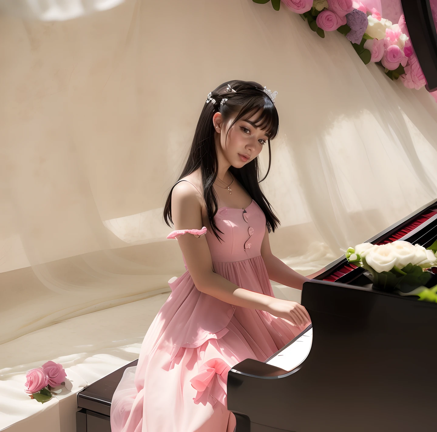 araffe woman in pink dress sitting at a piano with flowers, pianist, photo taken with nikon d750, photo taken with nikon d 7 5 0, taken with canon eos 5 d mark iv, shot with canon eoa 6 d mark ii, taken with canon 5d mk4, loli in dress, captured on canon eos r 6, playing piano