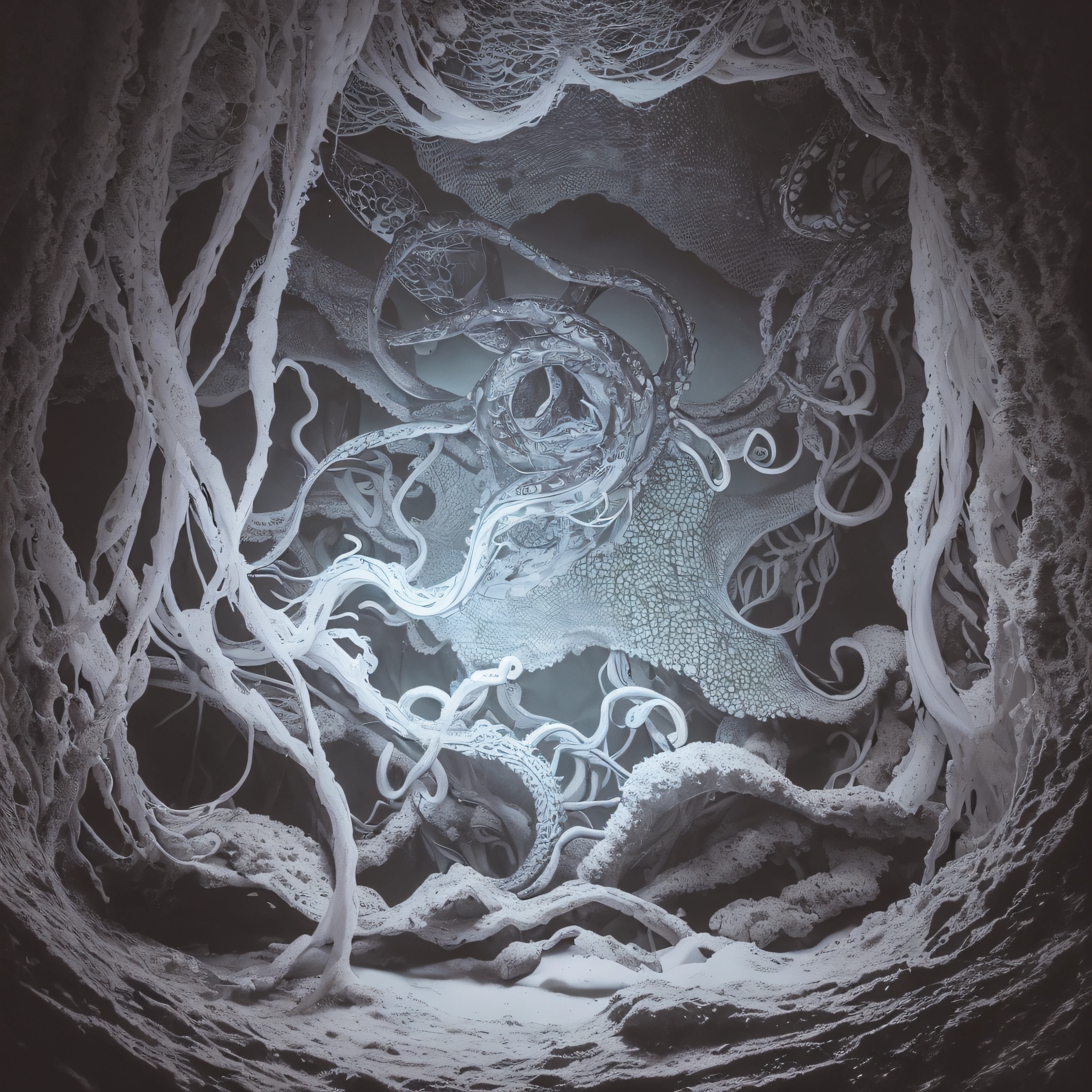 (extremadamente detallado, obra maestra, La mejor calidad, under the ocean), Estilo oscuro, volumetric illumination. cangrejo, tentacle, Deformado, imagen submarina vista desde el exterior, pulpo amenazante. manchas de tinta. Rococo composition. Luz de caravaggio