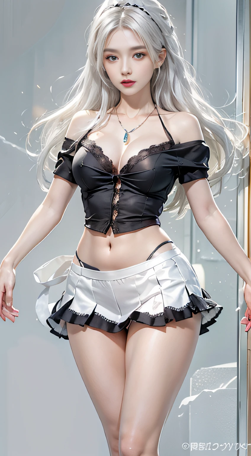 Photorealistic, High resolution, 1womanl, Solo, hips up high, view the viewer, (Detailed face), White hair, Long hair, maid clothes, Jewelry、a miniskirt、）（off shoulders）、Front opening、（（Skirt up with both hands（））（up skirt）、（Lace panties）