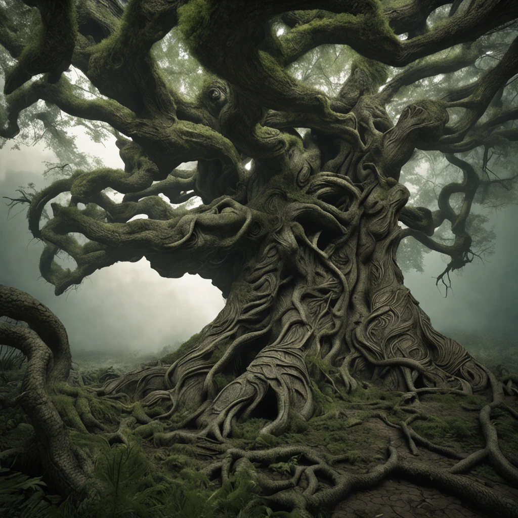 scary giant tree: twisted and ancient; roots: roots rise and fall from the ground in serpentine loops; roots: roots are around the trunk and covering the trunk with moss; texture: rough and deeply furrowed; appearance: illusion of hidden faces and figures; branches: Vines slither and weave around the tree's branches; color: dark green hue; Atmosphere: drenched in shadows with moonlight, captivating and eerie; perspective: lower angle; emotion: eerie, fascinating; resolution: hyper-realictic, high resolution, cinematic feeling, detailed.