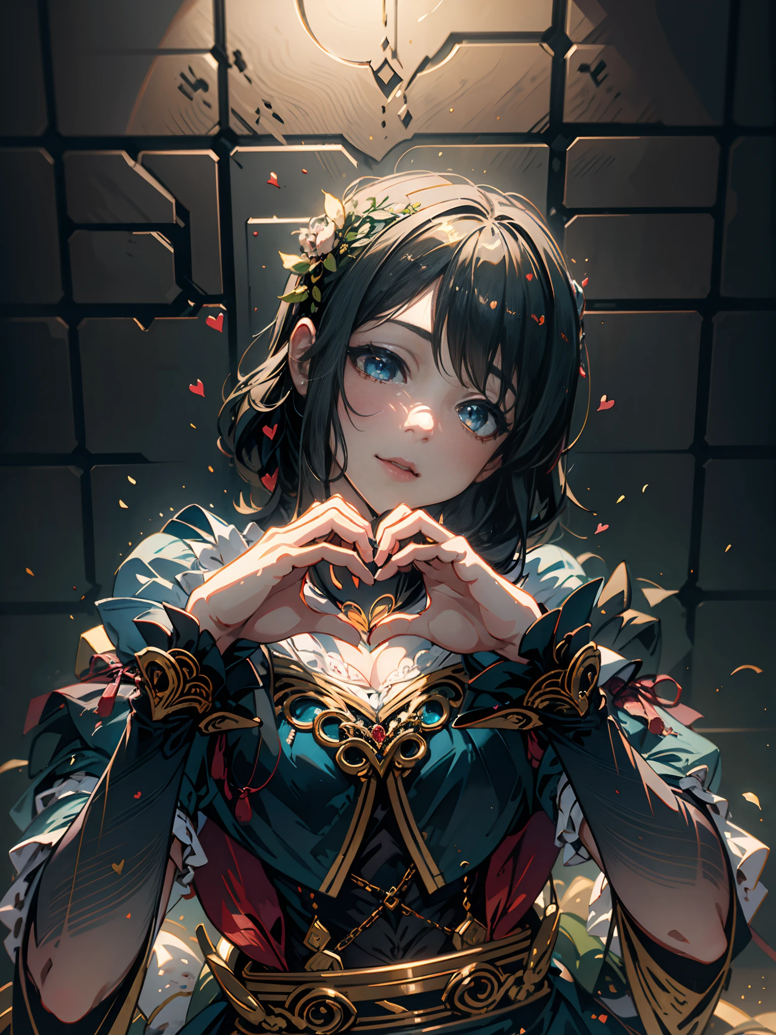 cute girl in a blue dress making a heart with her hands, Illustration, cinematic light, high resolution, best quality, ultra detailed, masterpiece,  japanese maid cafe,