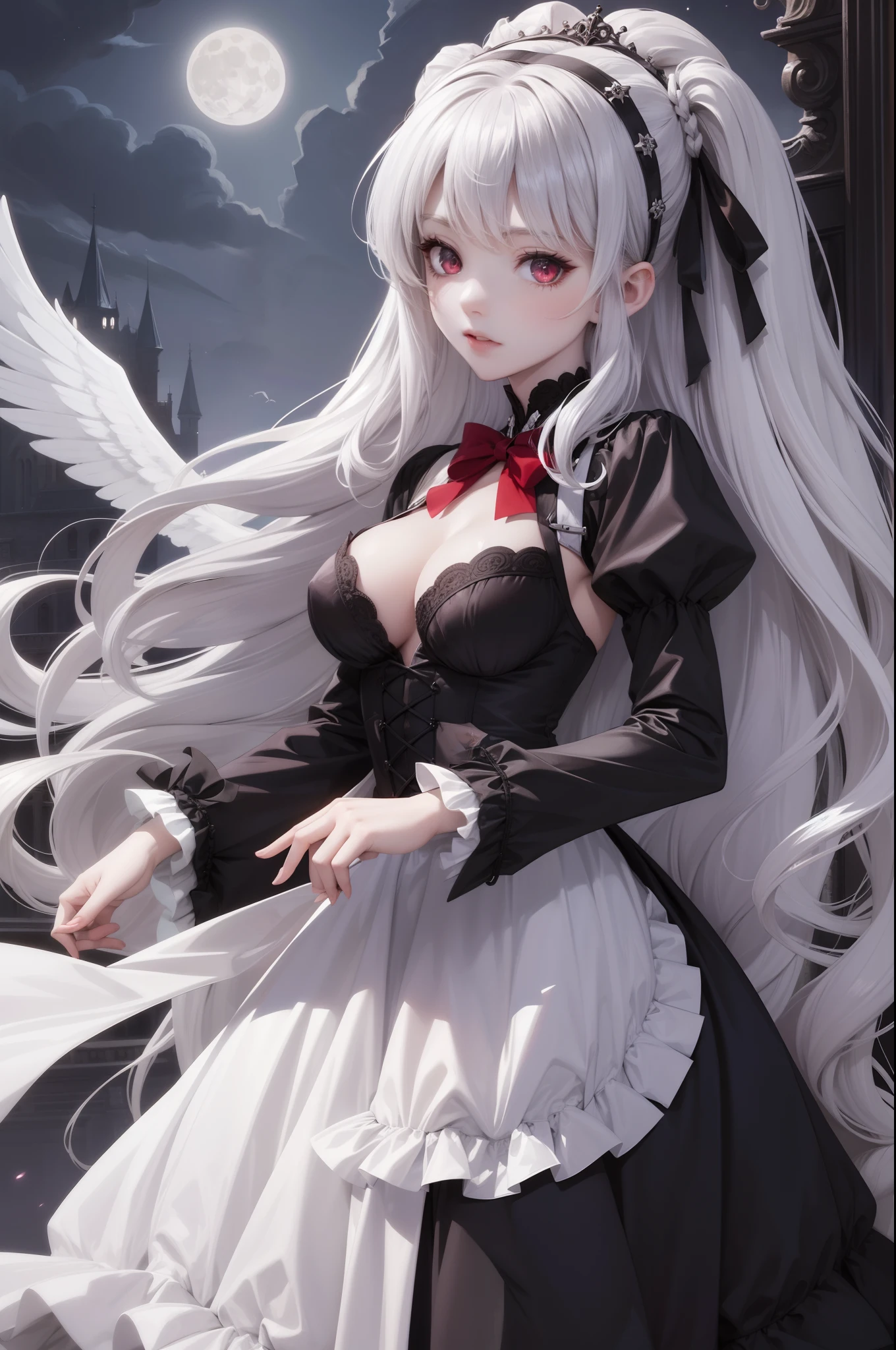 cute face,1girl,red eyes,beautiful detailed eyes,very long hair,full body,wings,silver hair,loli,large breast,gothic lolita,moonlight,castle