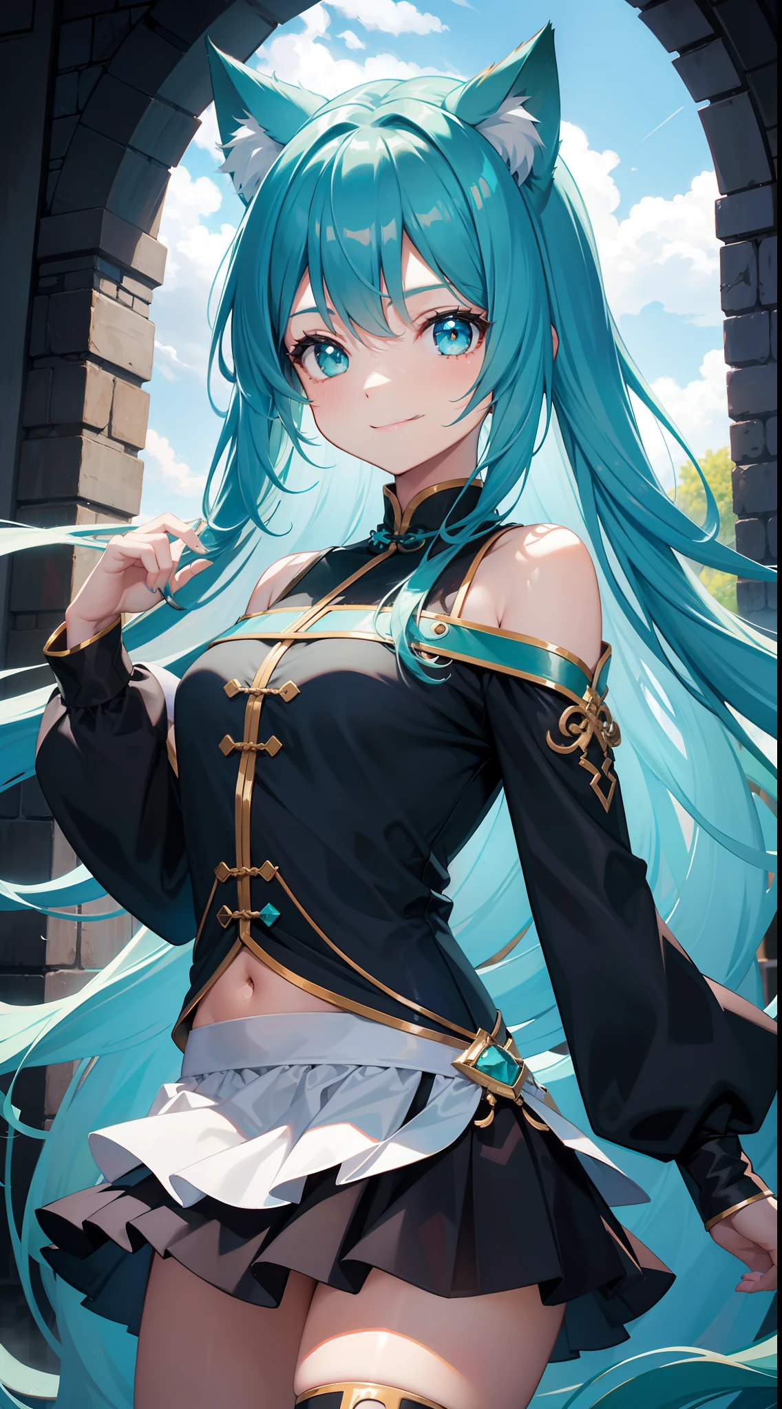 young girl, long turquoise hair, turquoise eyes, cat ears, Smile, black chinese tight top, Upskirt, Masterpiece, hiquality