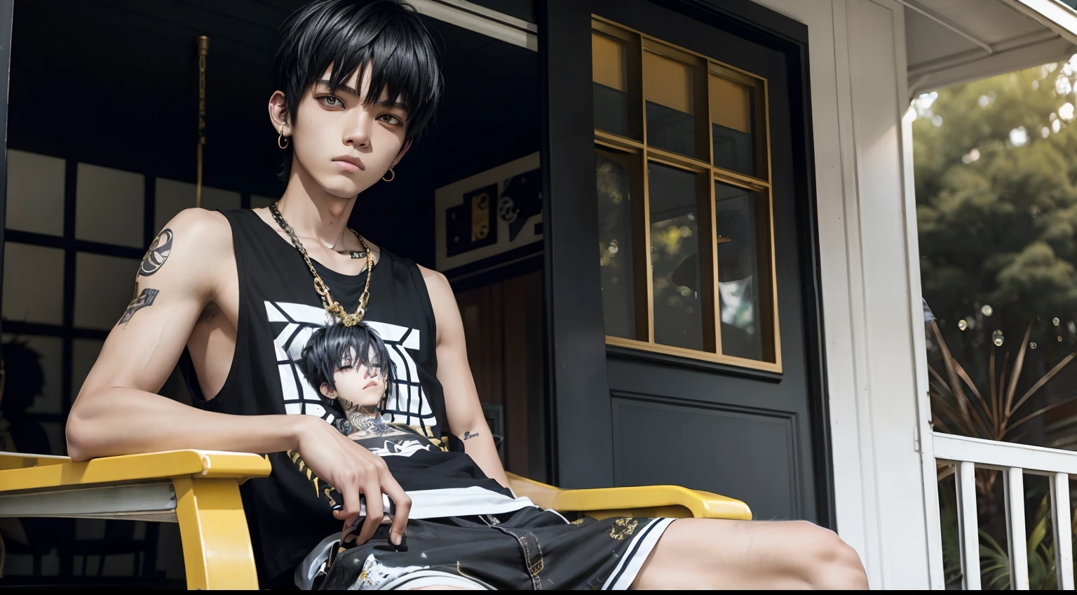 A 16-year-old boy sits on the front porch,Dyed black and gold hair,Wear a sleeveless shirt,The style is Yosuke Ueno,kris knight,32k uhd,white and gray colors,Gay theme,Vacation daddy core