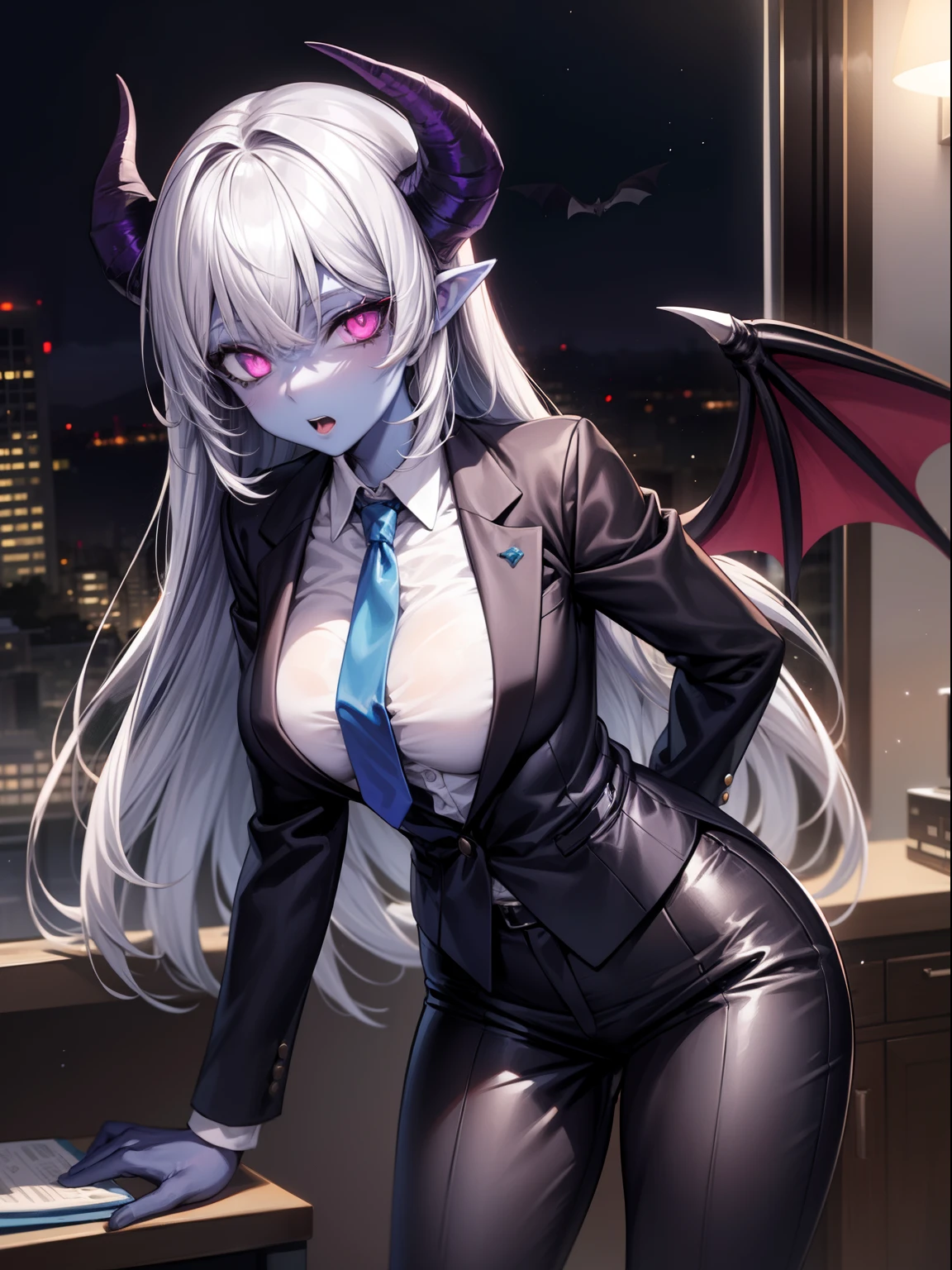 1girl,solo focus,goat horns,purple eyes,colored sclera,silver hairs, long hair, blue skin,colored skin, breasts,,bat wings, waist wings,suit, tuxedo,pant,pant pull down,city,necktie,cleavage,office,night