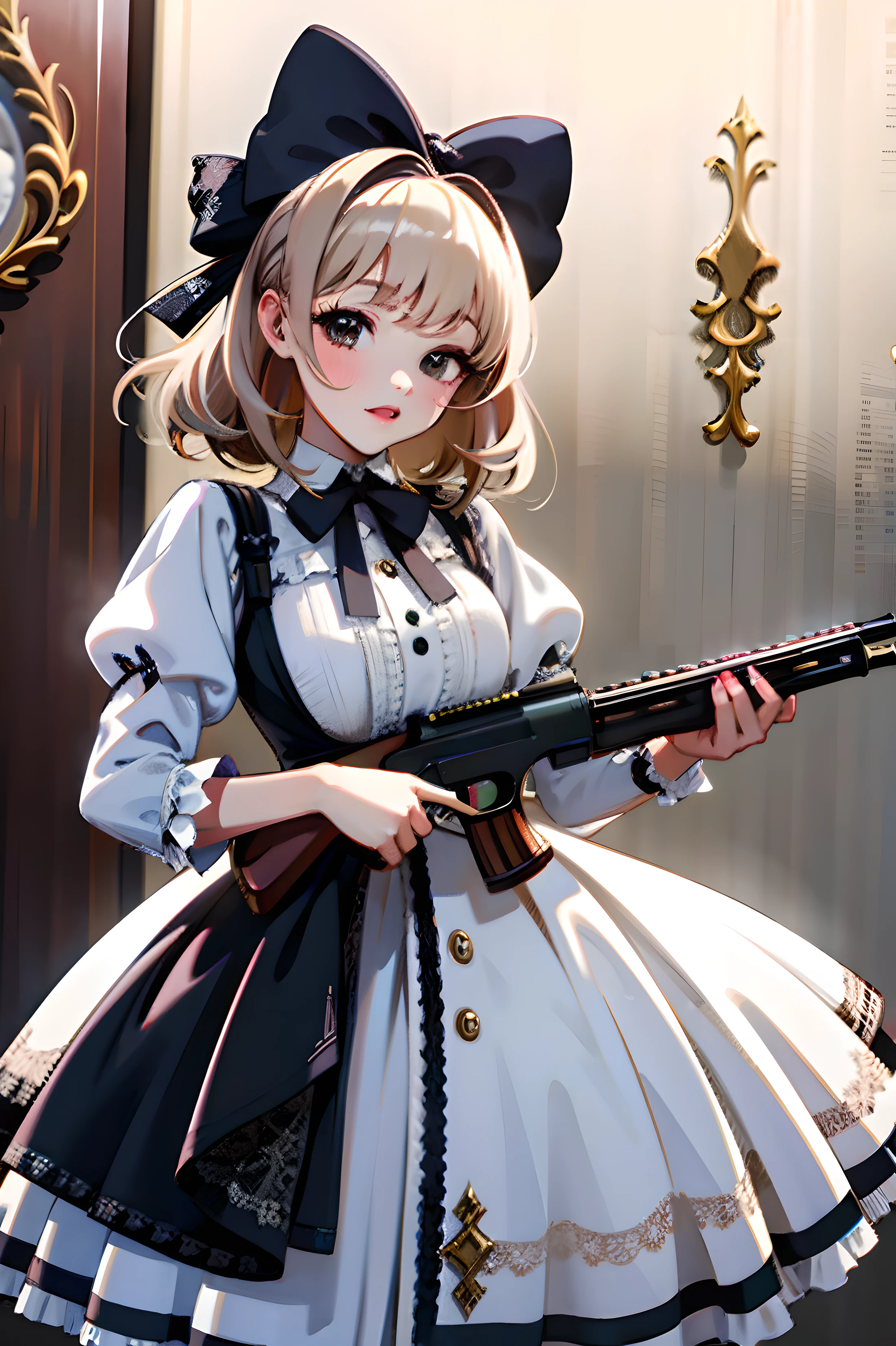 (Masterpiece:1.2), Best quality, A high resolution, Original, (Extremely detailed:1.2), Ultra-detailed, the wallpaper, Perfect lighting,(Extremely detailed CG:1.2), 8K, illustration, 1girll, (****ta Fashion:1.2), {shiny|detailed}clothes, ((Delicate shotgun)), holding gun, Aim for, (aiming at viewer:1.2), close-up, game cg