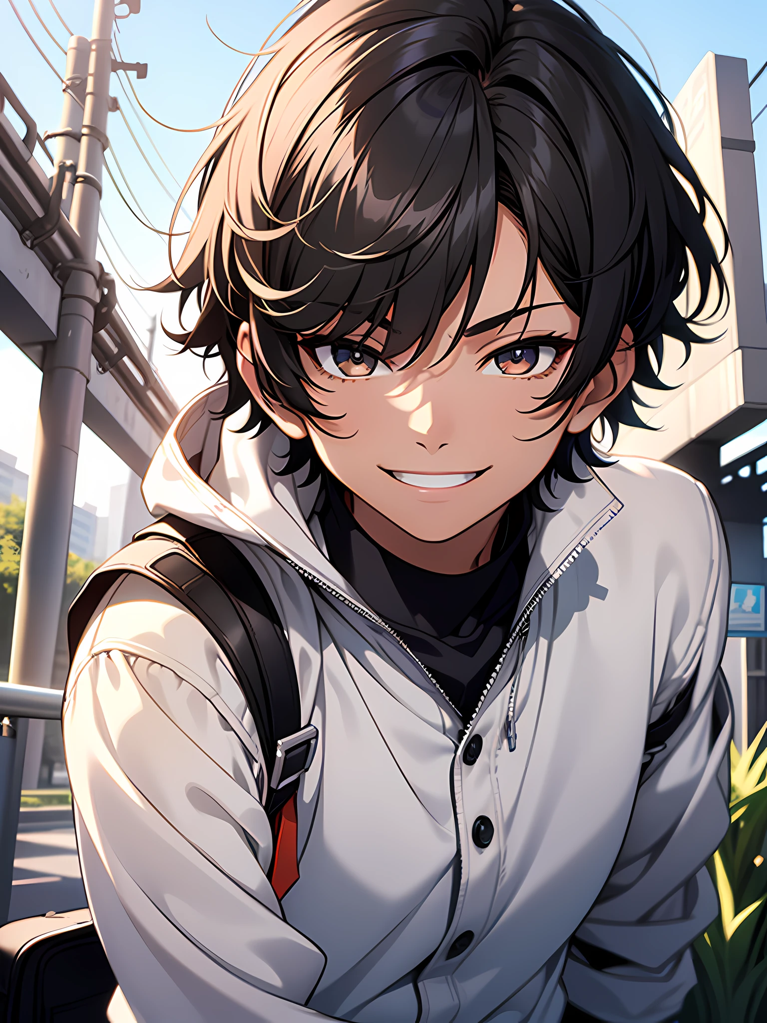 1boy, smiling with his teeth, beautiful accurate hazel eyes, short black hair, body is well proportioned, wearing highschool uniform, looking at viewer, high resolution, ultrasharp, 8k, masterpiece