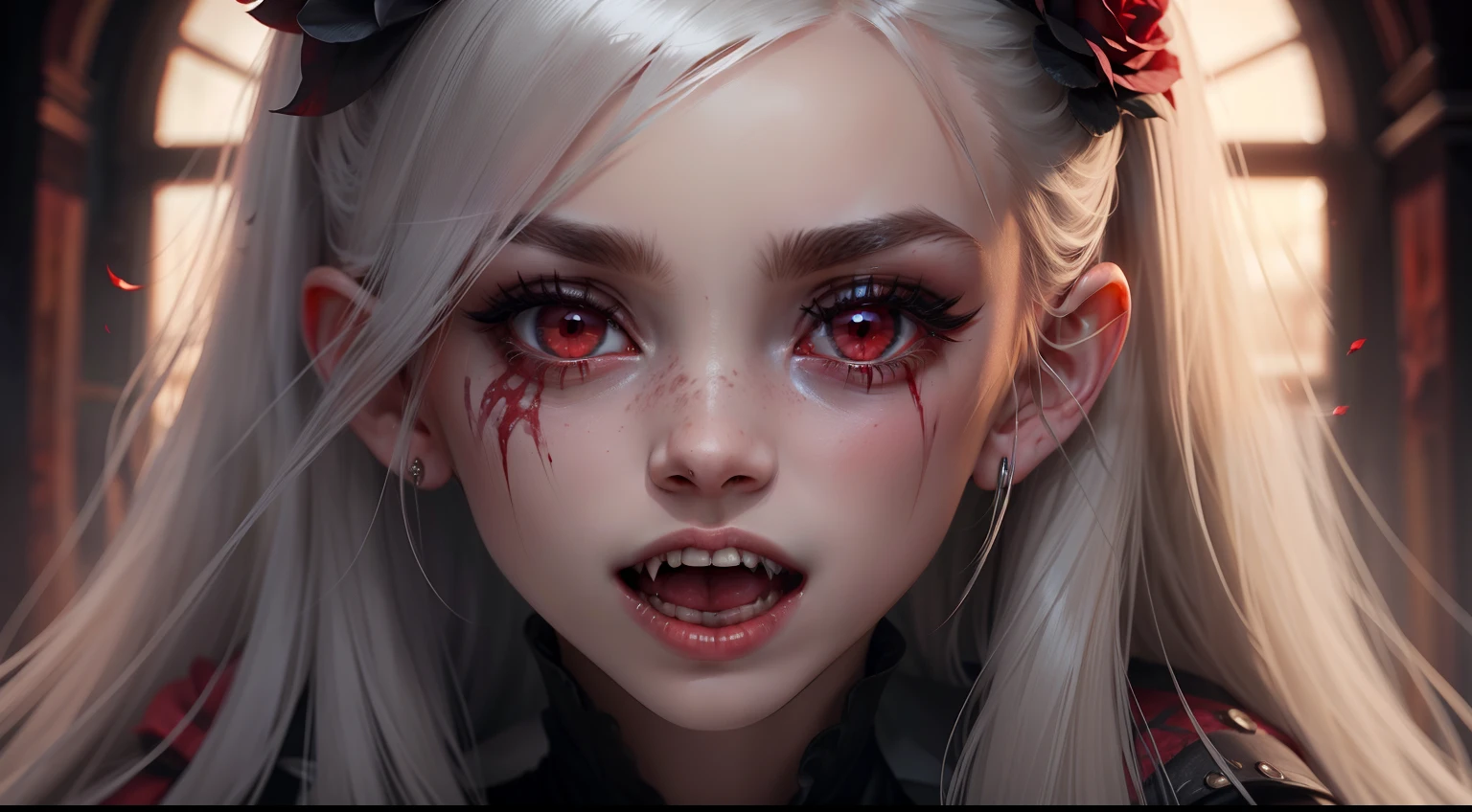 a close up of a woman with blood on her face, with red glowing eyes, with glowing red eyes, vampire girl, fantasy horror art, gothic fantasy art, with red eyes, dark fantasy horror art, horror fantasy art, gothic maiden anime girl, beautiful vampire queen, red glowing eyes, with a red eyes, artwork in the style of guweiz