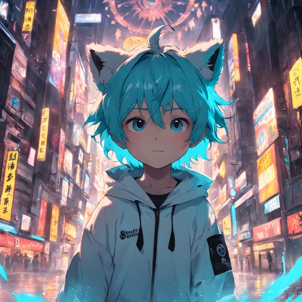 tmasterpiece,best qualtiy,cinematic Film still from,adolable,Bear ears,Boy,Hair color:white colors,There is a cyan color dye,Pupil color:cyan colors,shaggy,adolable,rays of sunshine,ssmile,Black and white clothes,Chubby,Boy,Background with:rays of moonlight,action:No missing hands,Bear paws