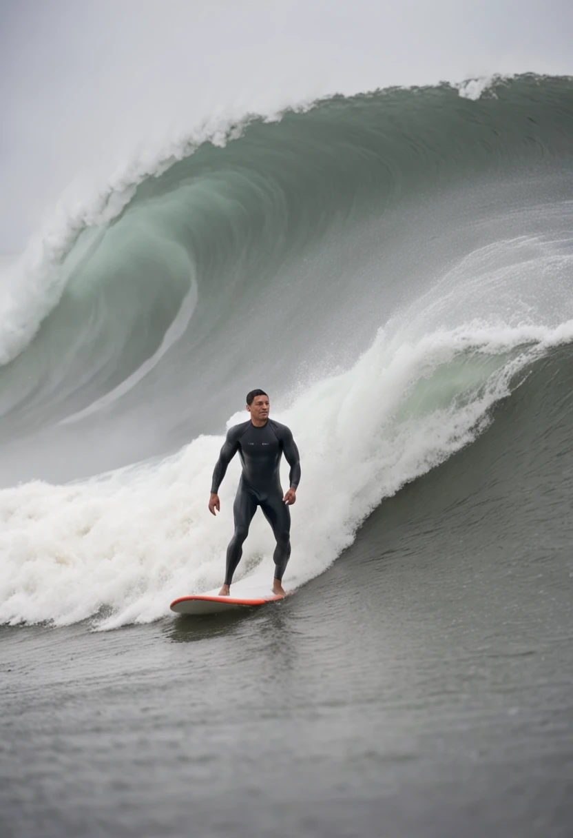 male people，Black combat uniform，surfing，Stand up surfing，Walk through the Wave Hole，Thunderstorm weather