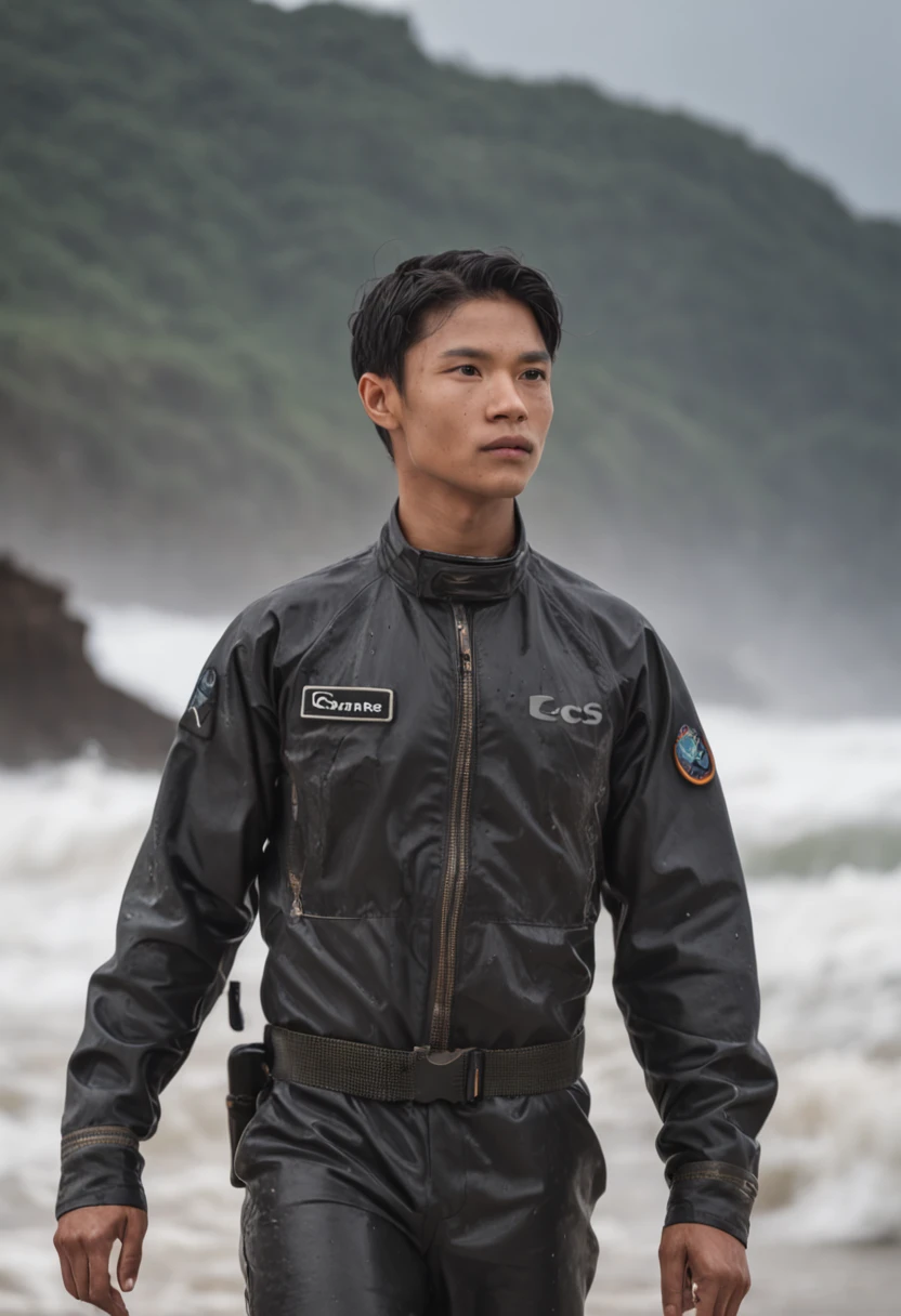 male people,Black combat uniform,surfing,Stand up surfing,Walk through the Wave Hole,Thunderstorm weather