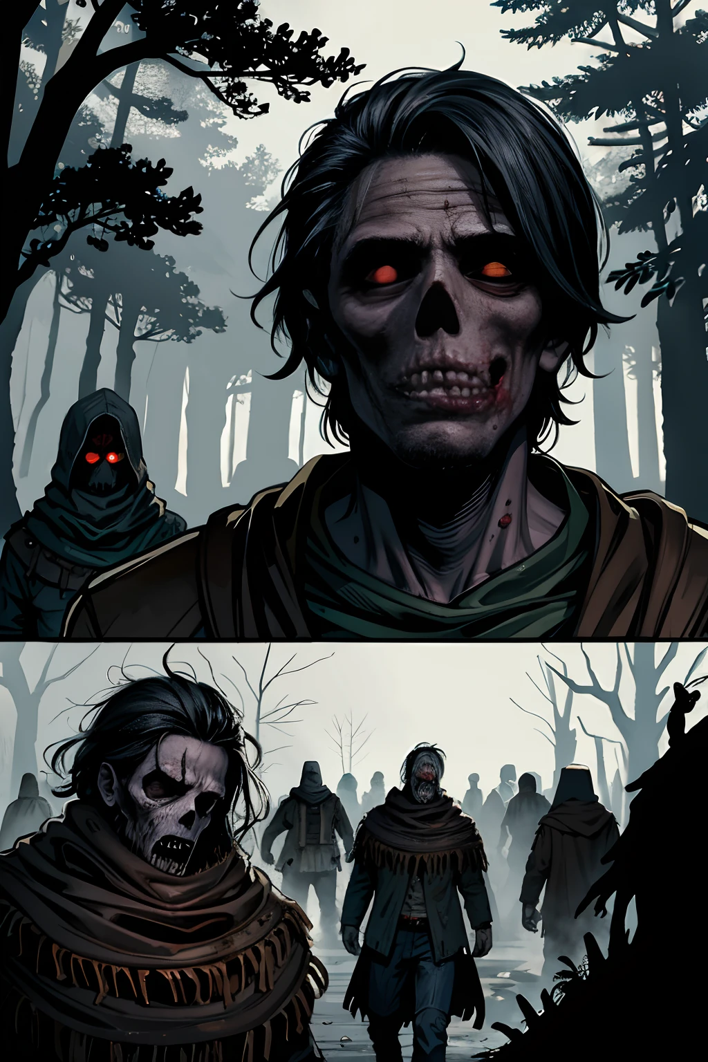 A lot of zombies roaming in the woods in the vista,Doomsday zombies,Zombie tide,Many, many zombies,Hordes of zombies,corruption,frotting