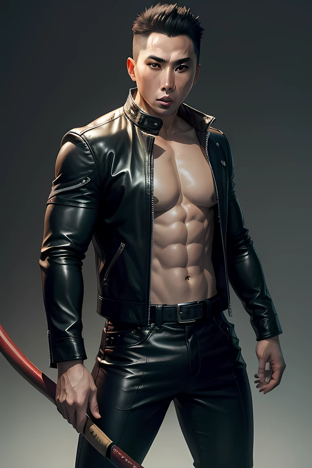 Donnie Yen, leather jacket, leather pants, nunchucks, short hair, muscular hair, sharp eyes