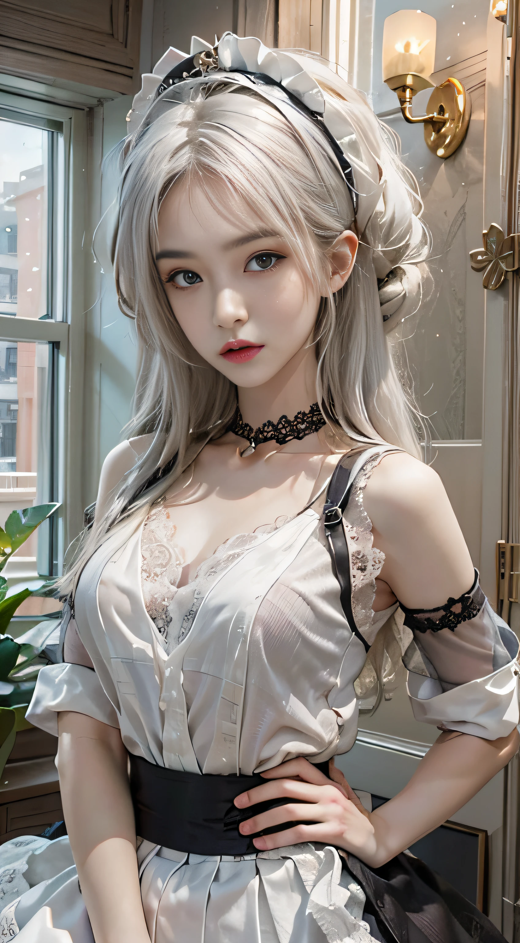 (raining day:1 silver-haired girl, Girl), tmasterpiece, best qualtiy, RAW photogr, realisticlying, the face, Incredibly Ridiculous res, Beautiful elf beauty, ear studs,Get wet all over, (short, Silver-black hair),Office Lady,office lady uniform,lacy stockings,high-heels,depth of fields, A high resolution, ultra - detailed, filigree, RAWE is very detailed, very detailed eyes and faces, Sharp pupils, realistic pupil, tack sharp focus, cinmatic lighting,full bodyesbian,Bigboobs,long leges,From the front side,Main street on a rainy day,dynamicposes