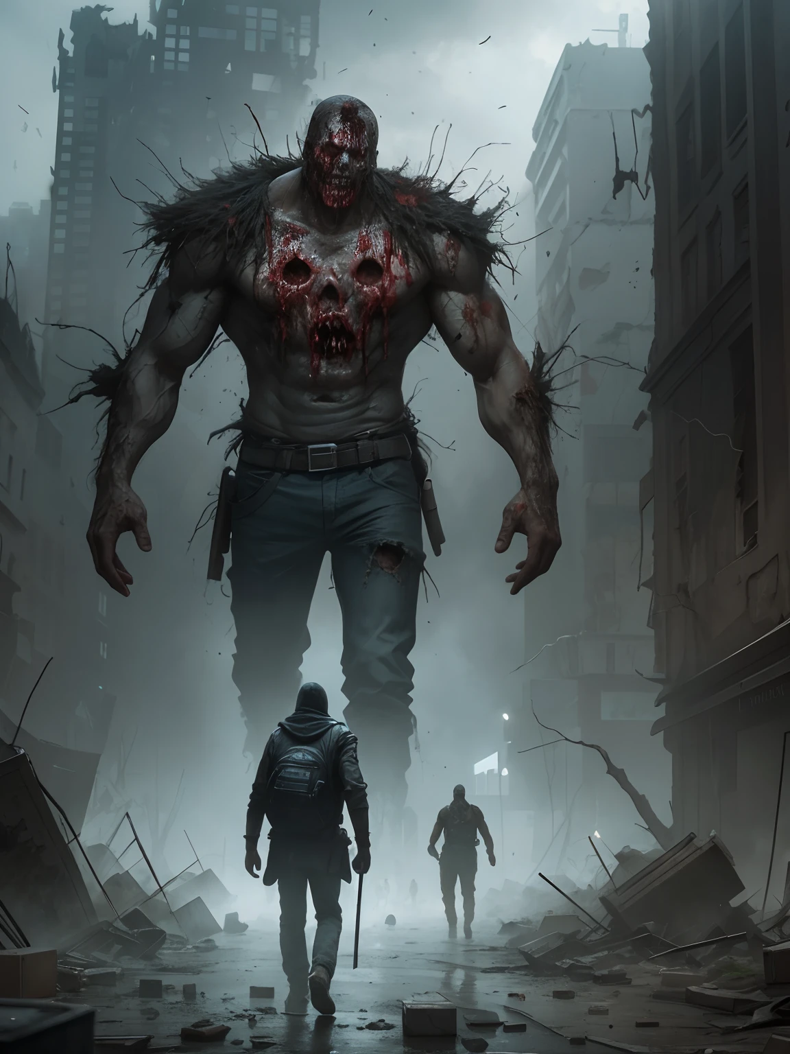 Zombies wander the destroyed city,Covered with black mold,realisticlying,concept-art,depth of fields,A giant zombie,musculature,