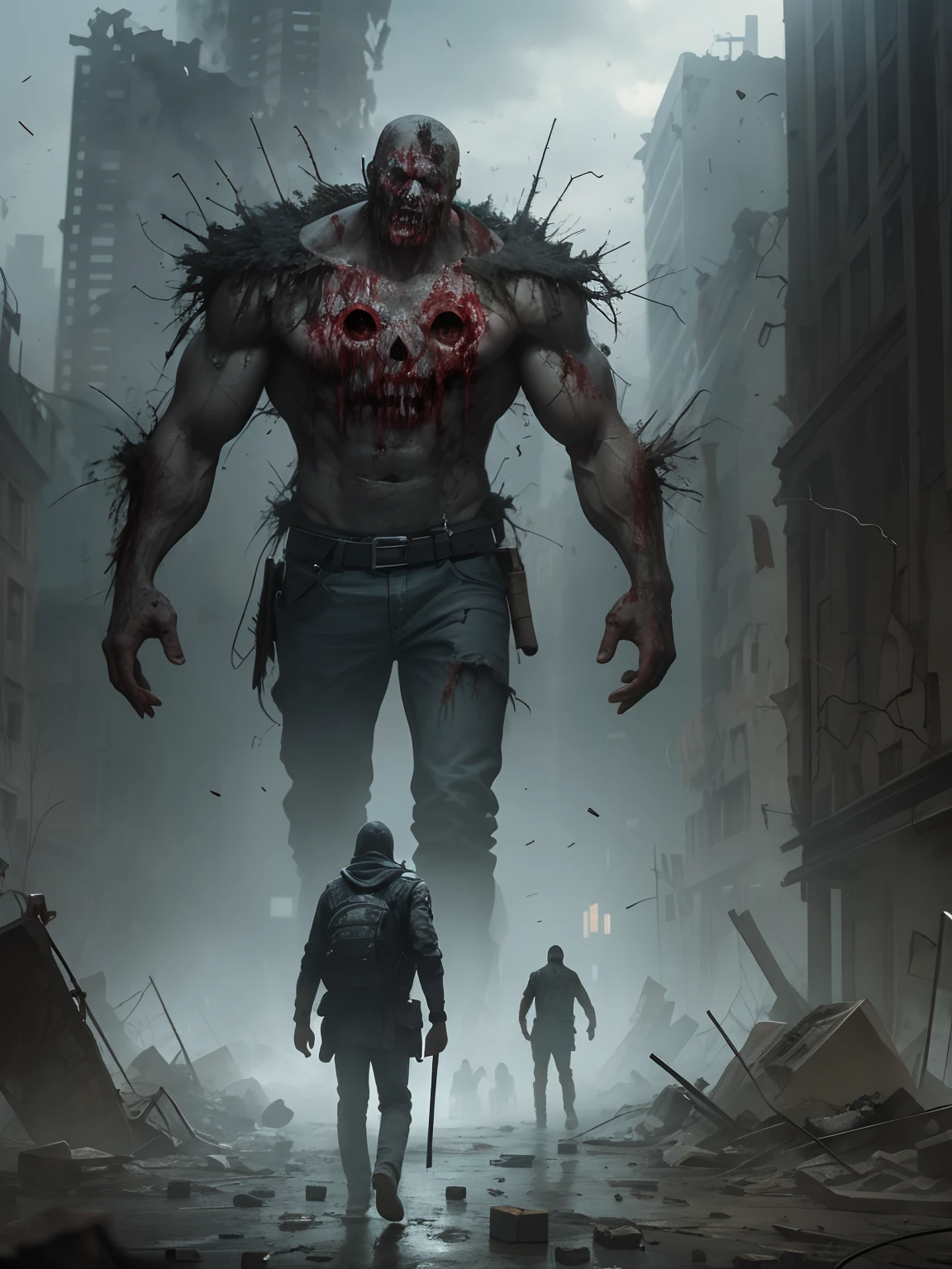 Zombies wander the destroyed city,Covered with black mold,realisticlying,concept-art,depth of fields,A giant zombie,musculature,