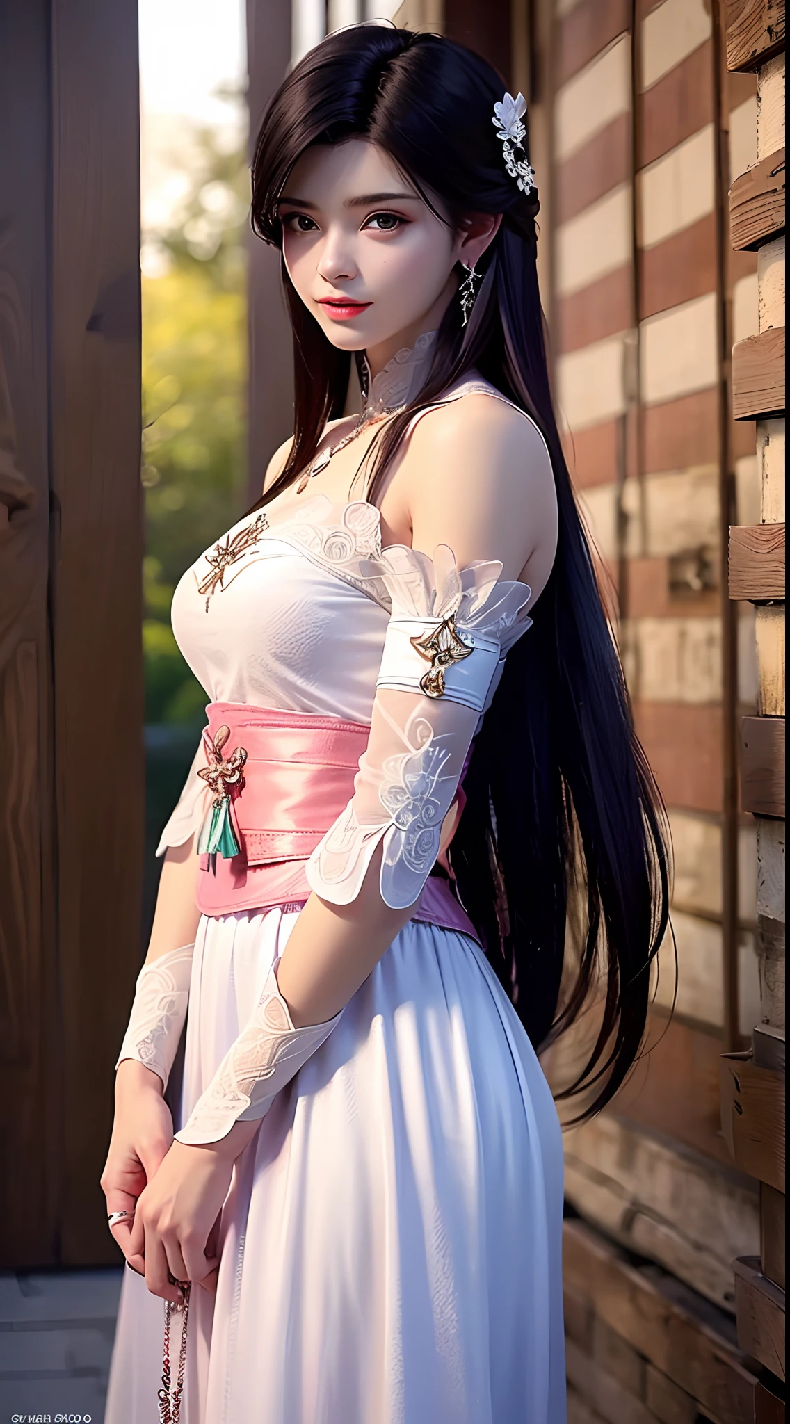 1 beautiful girl wearing ancient costumes, ((pink and light white outfit: 0.8)), Long and silky black hair, hair jewelry and necklaces, Beautiful little face Thin eyebrows, the most beautiful and spotless face, the very beautiful eyes, big round black eyes, fine and detailed makeup eyelashes, High nose, wearing earrings,Small red lips, rosy face, Enlarged and round breasts, tight breasts, breast augmentation, Slim and petite body, slim waist, portrait of a beautiful girl, 8k photo, super high quality, super realistic, 10x super pixels, photo realistic, dark studio, border light, two tone light, (detailed skin) high: 1.2), 8k uhd, dslr, soft light, high quality, volumetric light, candid, Photo, high resolution, 4k quality, 8k, Bokeh, Smooth and sharp, pixel up 10 times, (background space: 1.8), (galaxy: 1.7), aurora, lightning, (Aurora Background: 1.8), upper body, alone, solo,