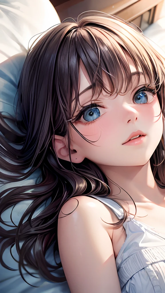 Girl lying on bed with right hand spread over face,Pretty face,Adorable look,Angle from above:1.1,Close-up,