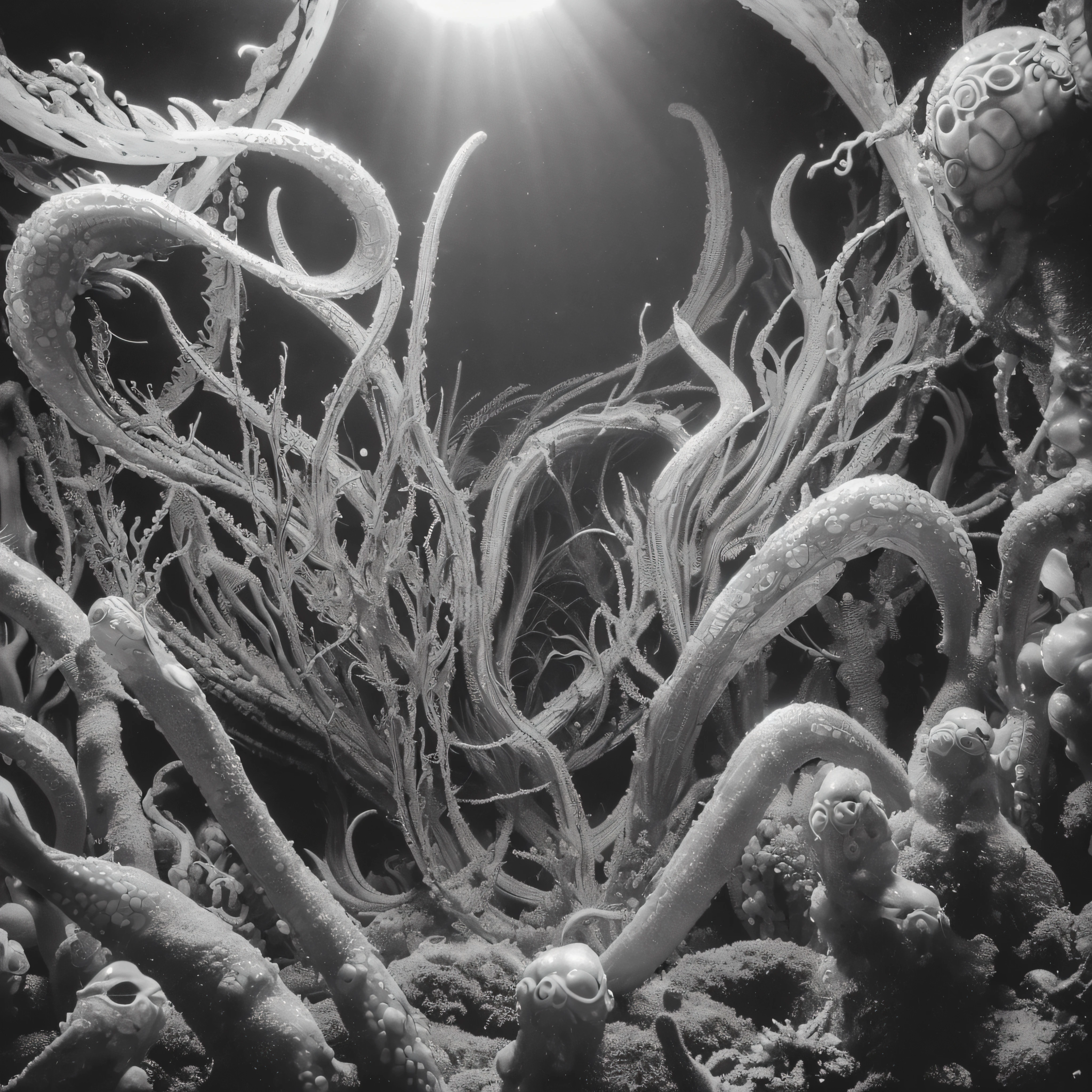 (extremadamente detallado, obra maestra, La mejor calidad, under the ocean), Estilo oscuro, volumetric illumination. cangrejo, tentacle, Deformado, imagen submarina vista desde el exterior, pulpo amenazante. manchas de tinta. Rococo composition. Luz de caravaggio