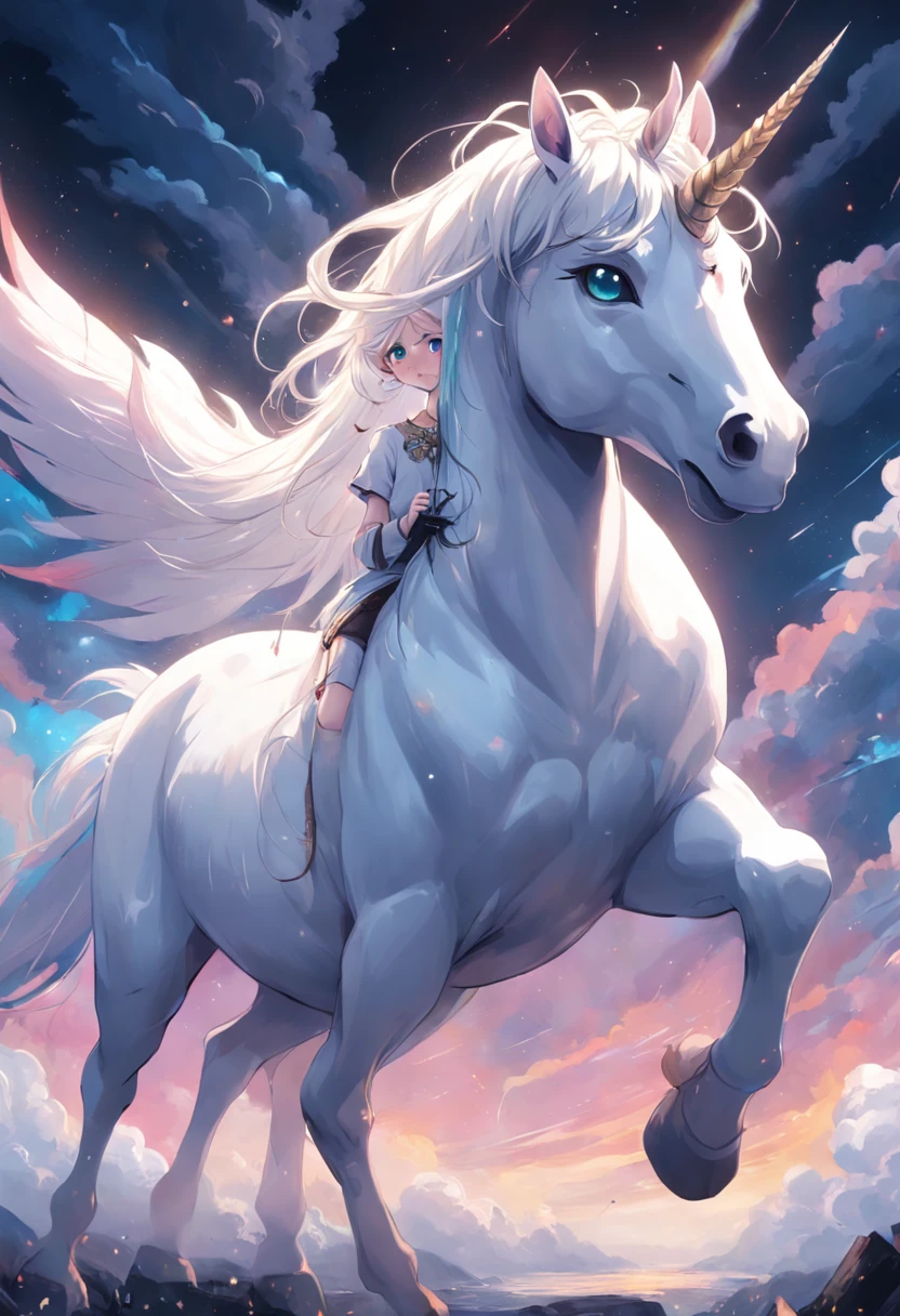 Huge unicorn boy，beautiful  face，Long white hair，Black eyelashes，Blue pupil，The lower body is a white horse，Horse body and human head，Stand in the clouds，Overlooking the foot，